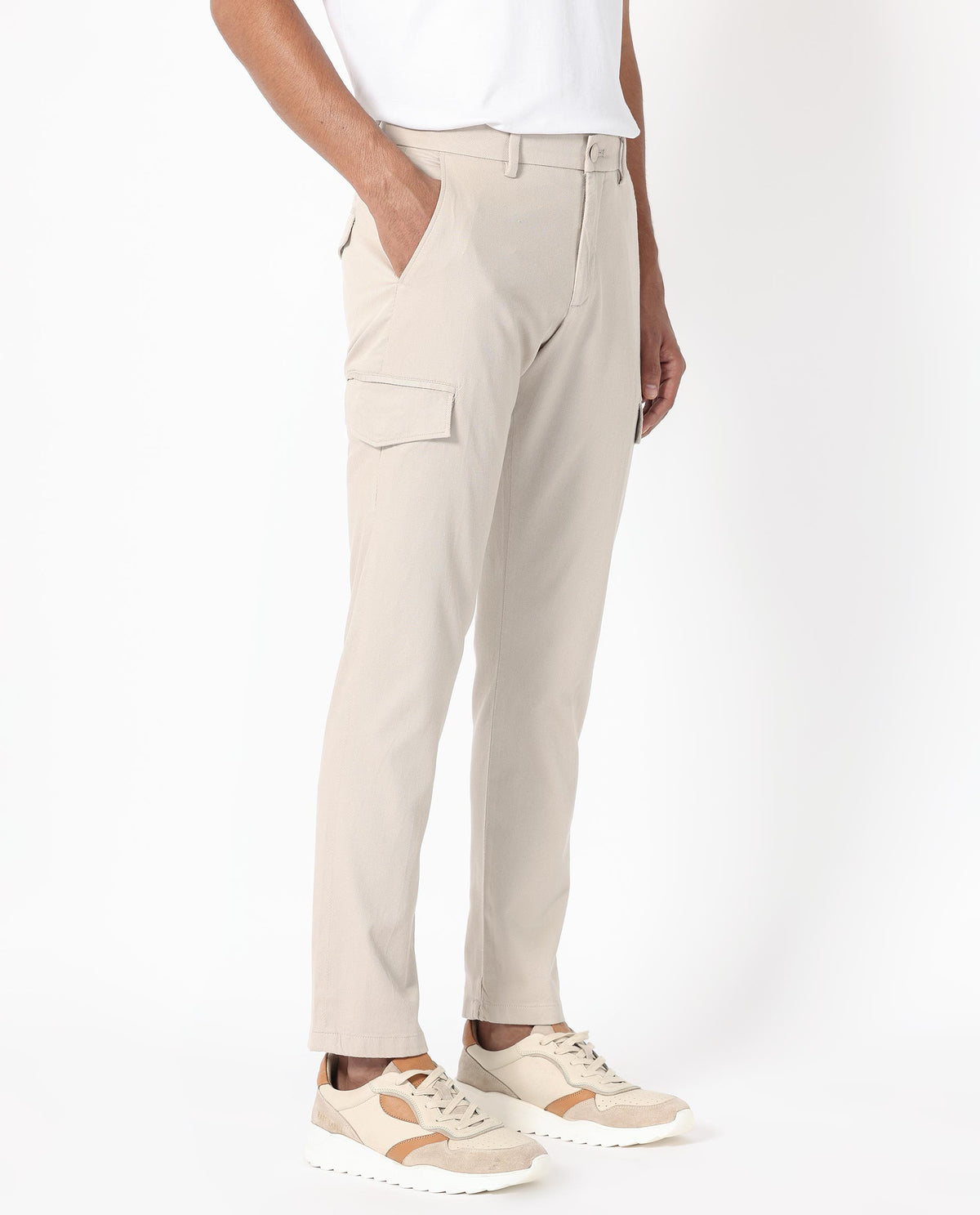 Rare Rabbit Men's Curo Beige Solid Mid-Rise Regular Fit Cargo Style Trouser