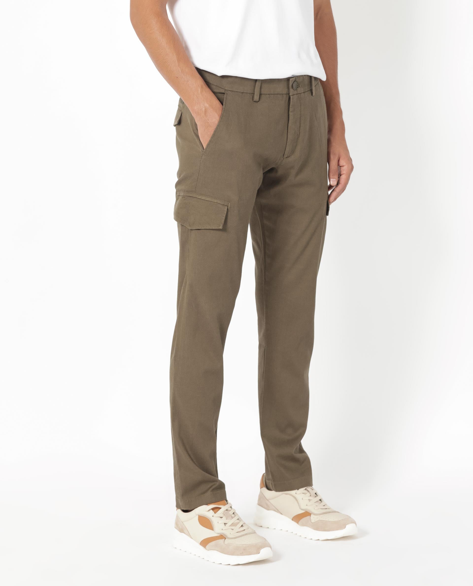 Rare Rabbit Men's Curo Olive Solid Mid-Rise Regular Fit Cargo Style Trouser