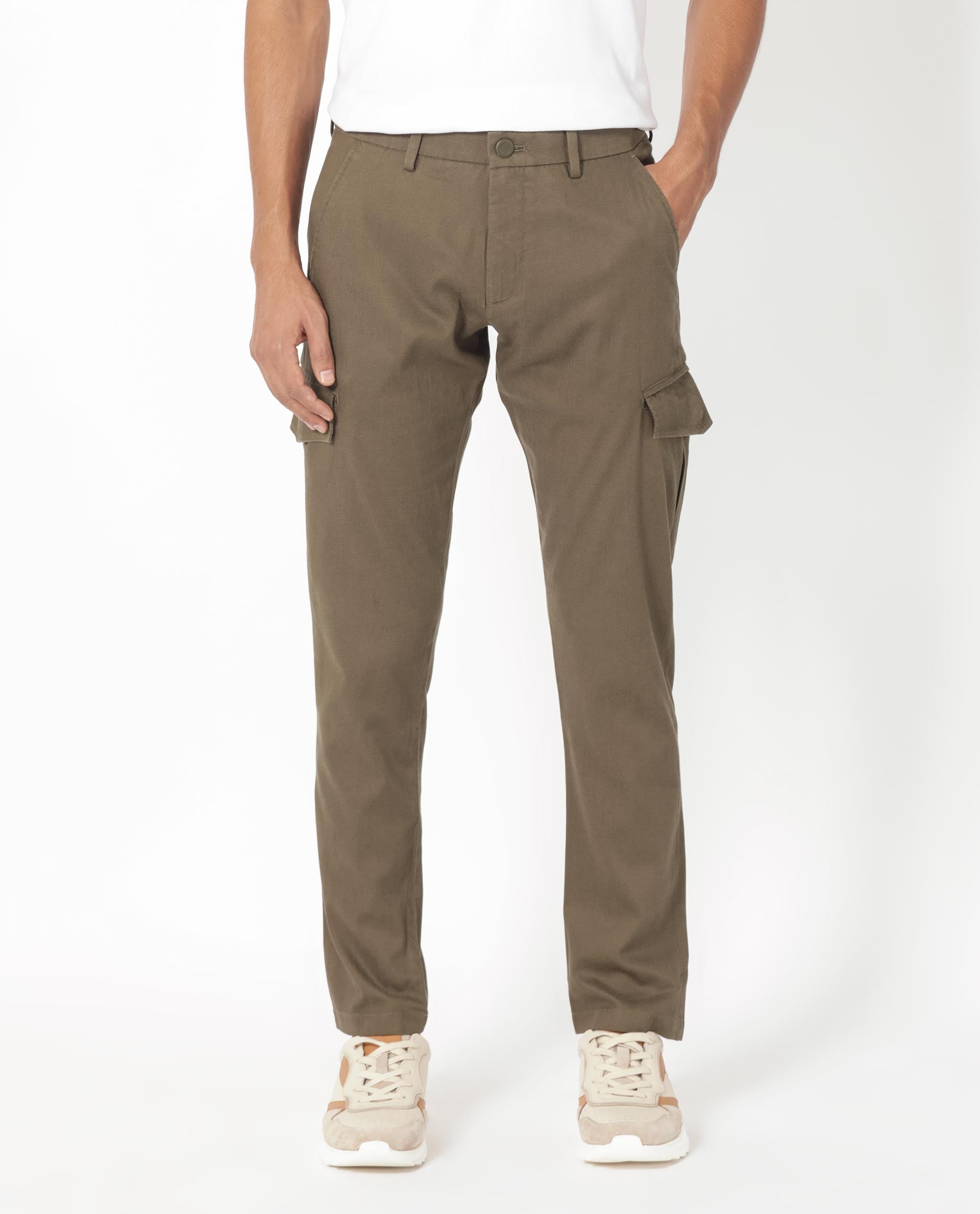 Rare Rabbit Men's Curo Olive Solid Mid-Rise Regular Fit Cargo Style Trouser