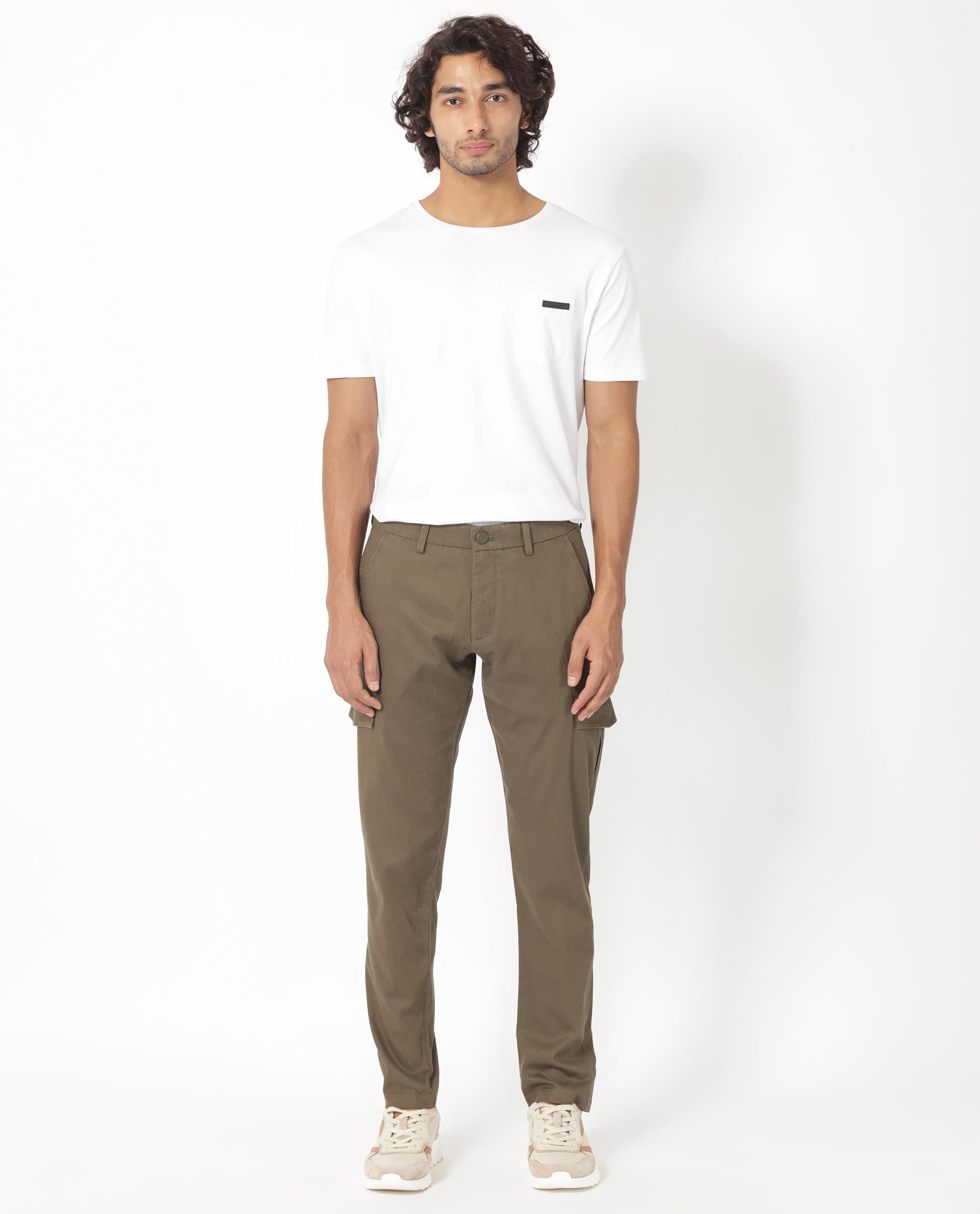 Rare Rabbit Men's Curo Olive Solid Mid-Rise Regular Fit Cargo Style Trouser