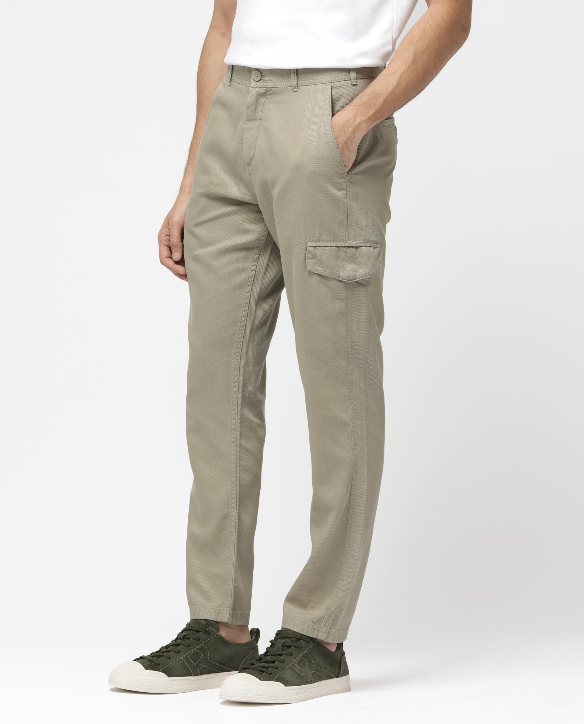 Rare Rabbit Men's Curon Pastel Green Mid Rise Regular Fit Cotton Cargo Style Solid Trousers