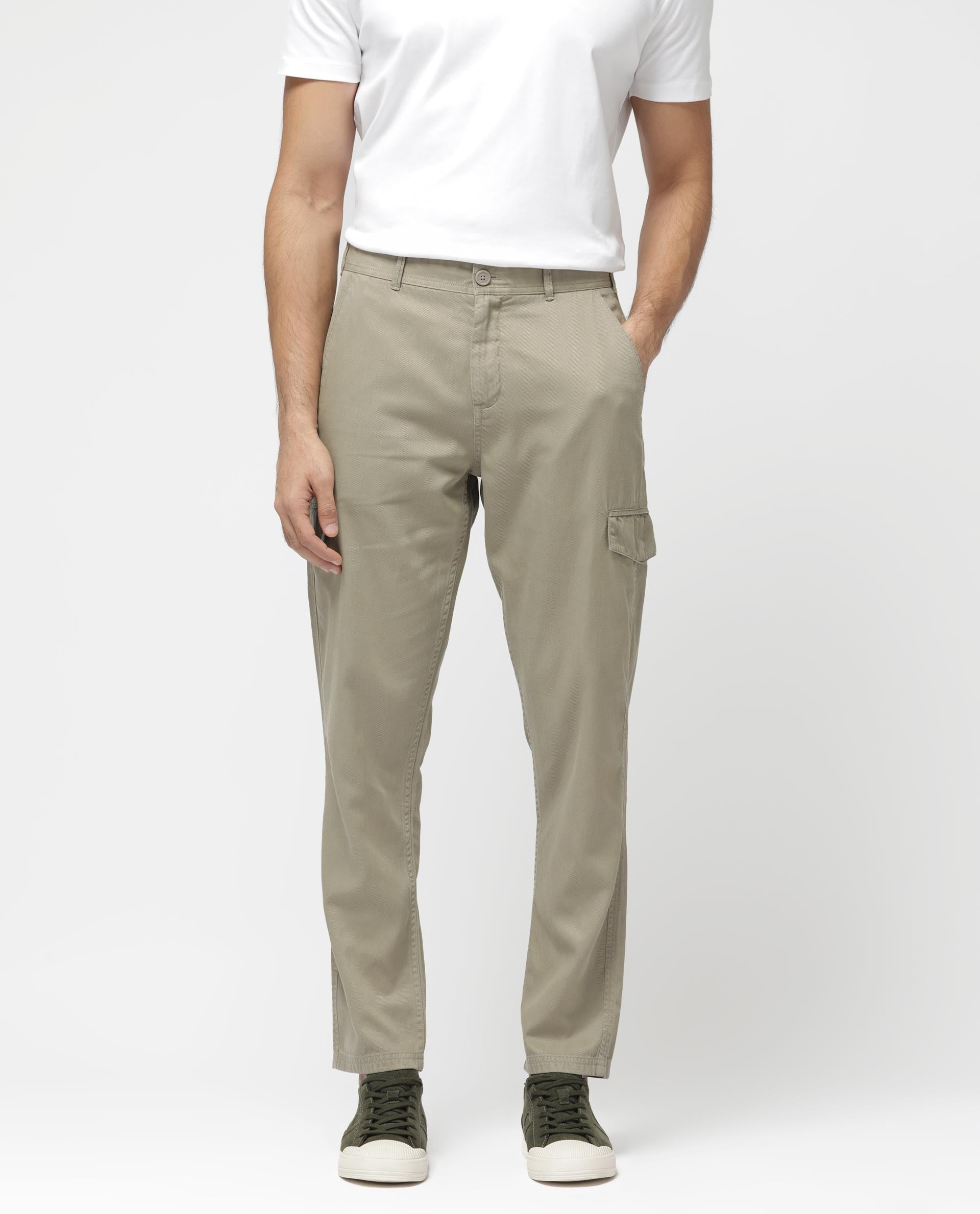 Rare Rabbit Men's Curon Pastel Green Mid Rise Regular Fit Cotton Cargo Style Solid Trousers