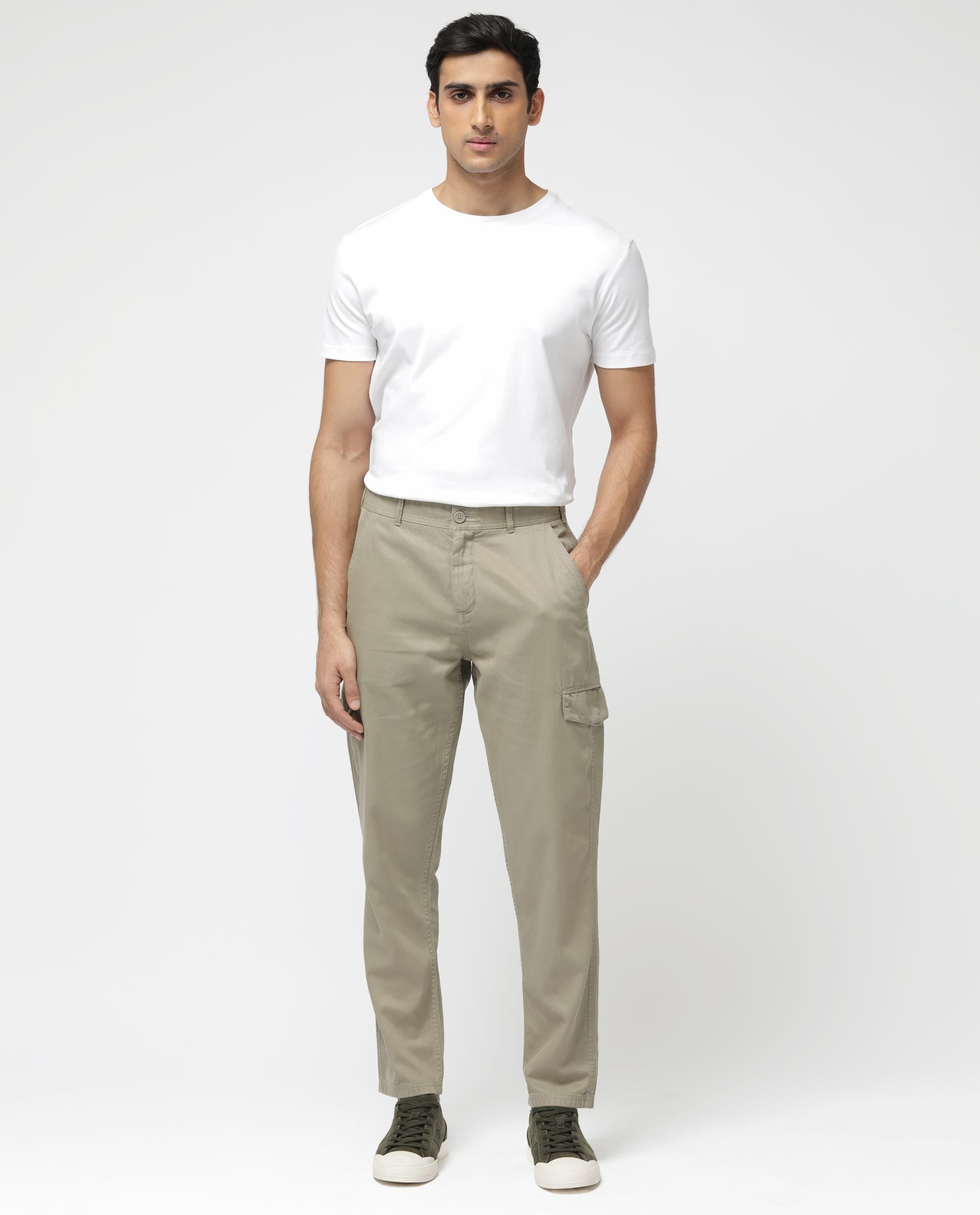 Rare Rabbit Men's Curon Pastel Green Mid Rise Regular Fit Cotton Cargo Style Solid Trousers