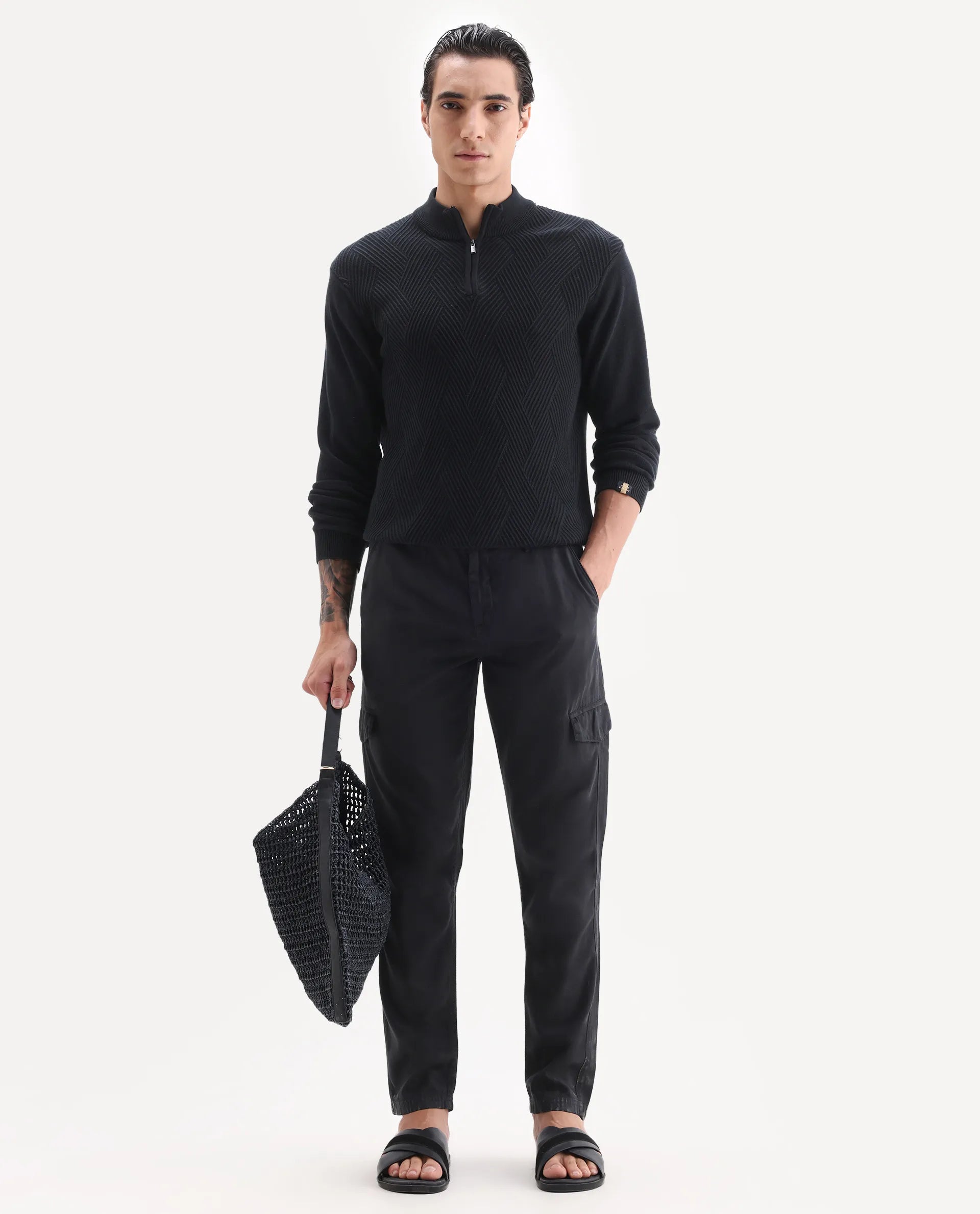 Rare Rabbit Men's Curon Black Cotton Plain Regular Fit Trouser