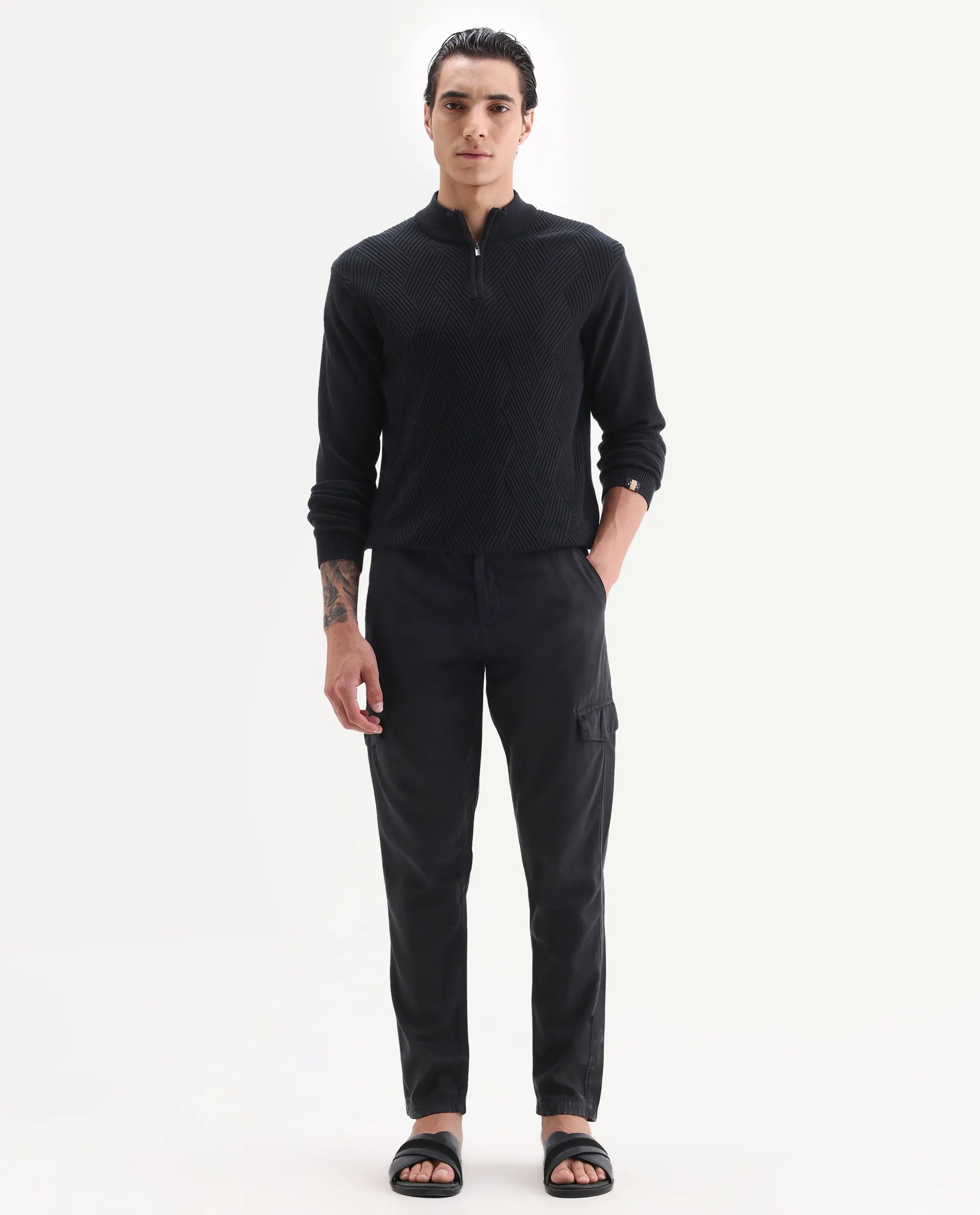 Rare Rabbit Men's Curon Black Cotton Plain Regular Fit Trouser