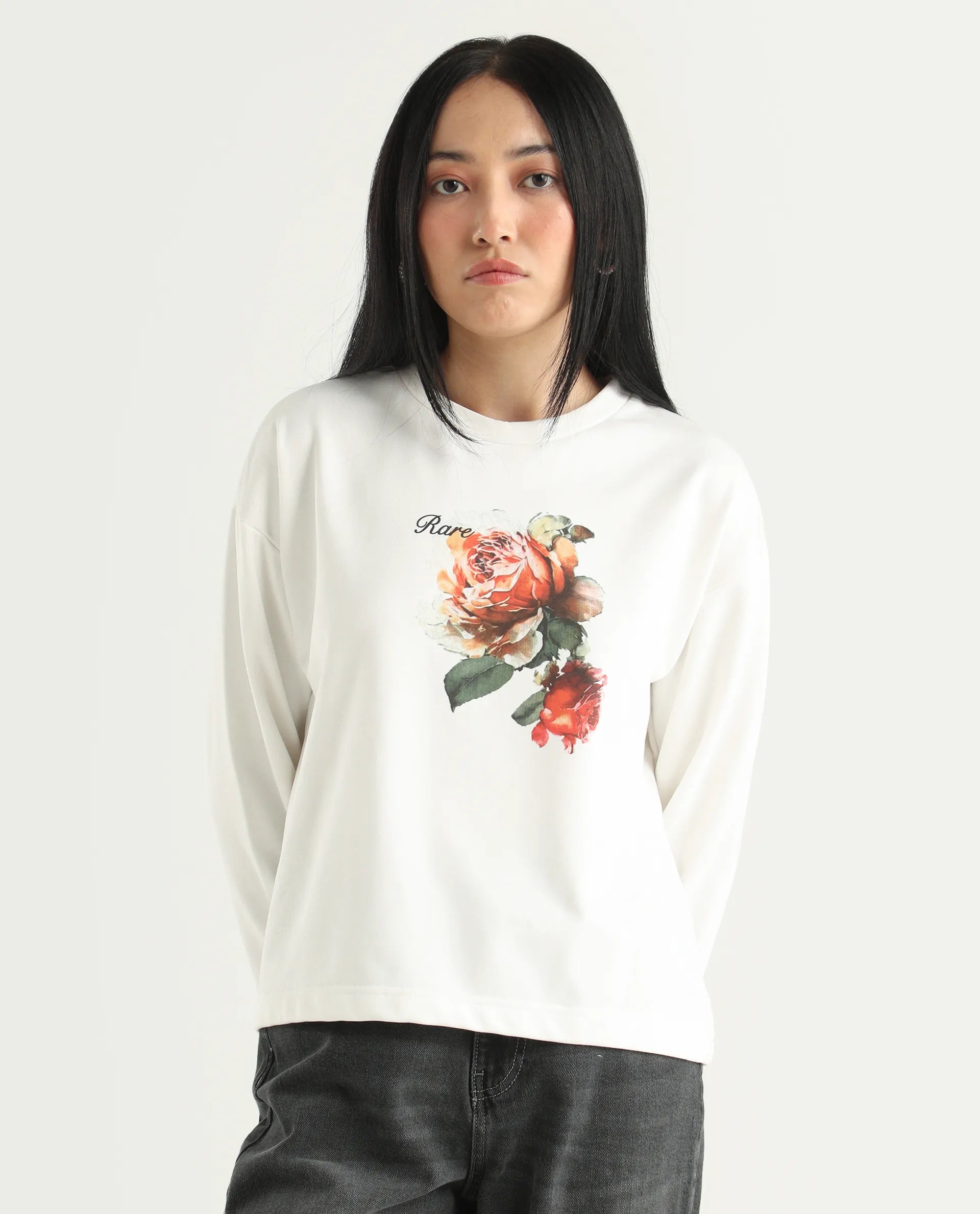 Rareism Women's Curtin Off White Polyester Blend Crew Neck Graphic Print Regular Fit Sweatshirt