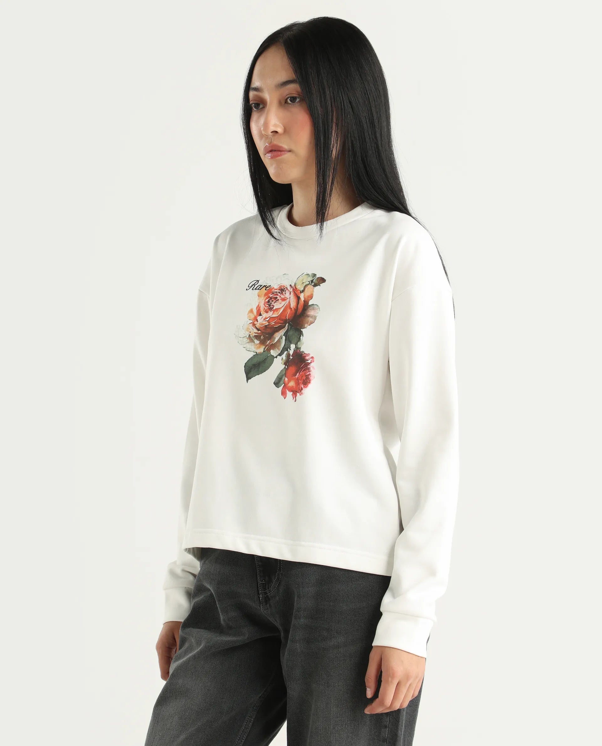 Rareism Women's Curtin Off White Polyester Blend Crew Neck Graphic Print Regular Fit Sweatshirt