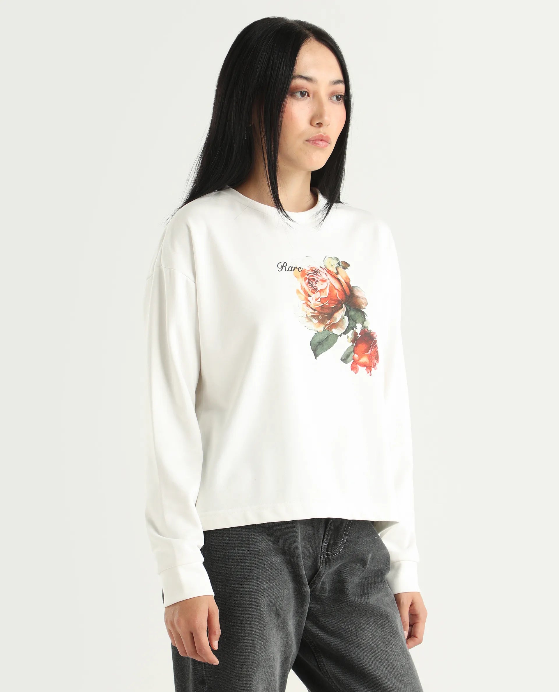 Rareism Women's Curtin Off White Polyester Blend Crew Neck Graphic Print Regular Fit Sweatshirt