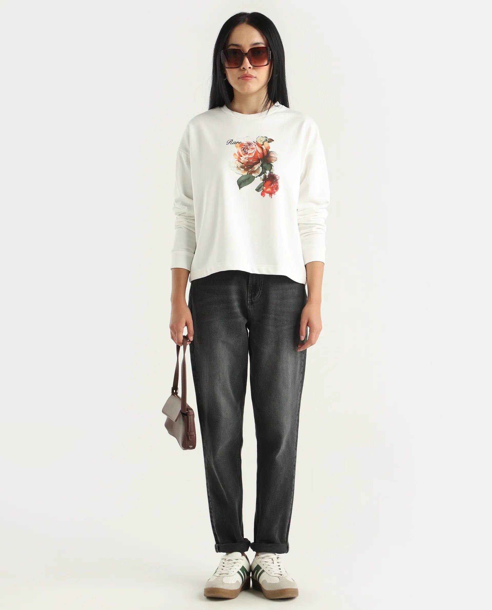 Rareism Women's Curtin Off White Polyester Blend Crew Neck Graphic Print Regular Fit Sweatshirt