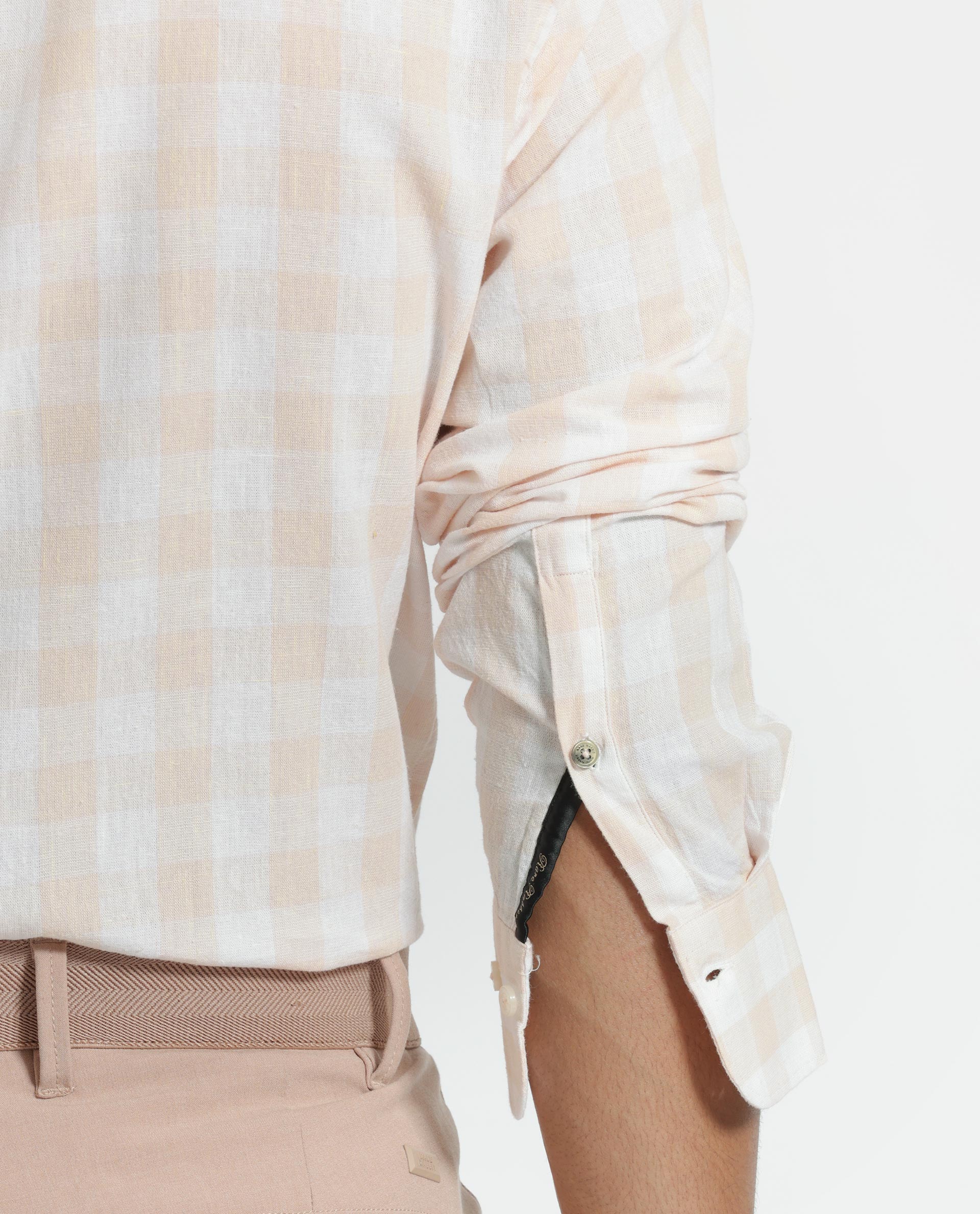 Rare Rabbit Men's Cutro Light Orange Cotton Fabric Full Sleeves Checks Shirt