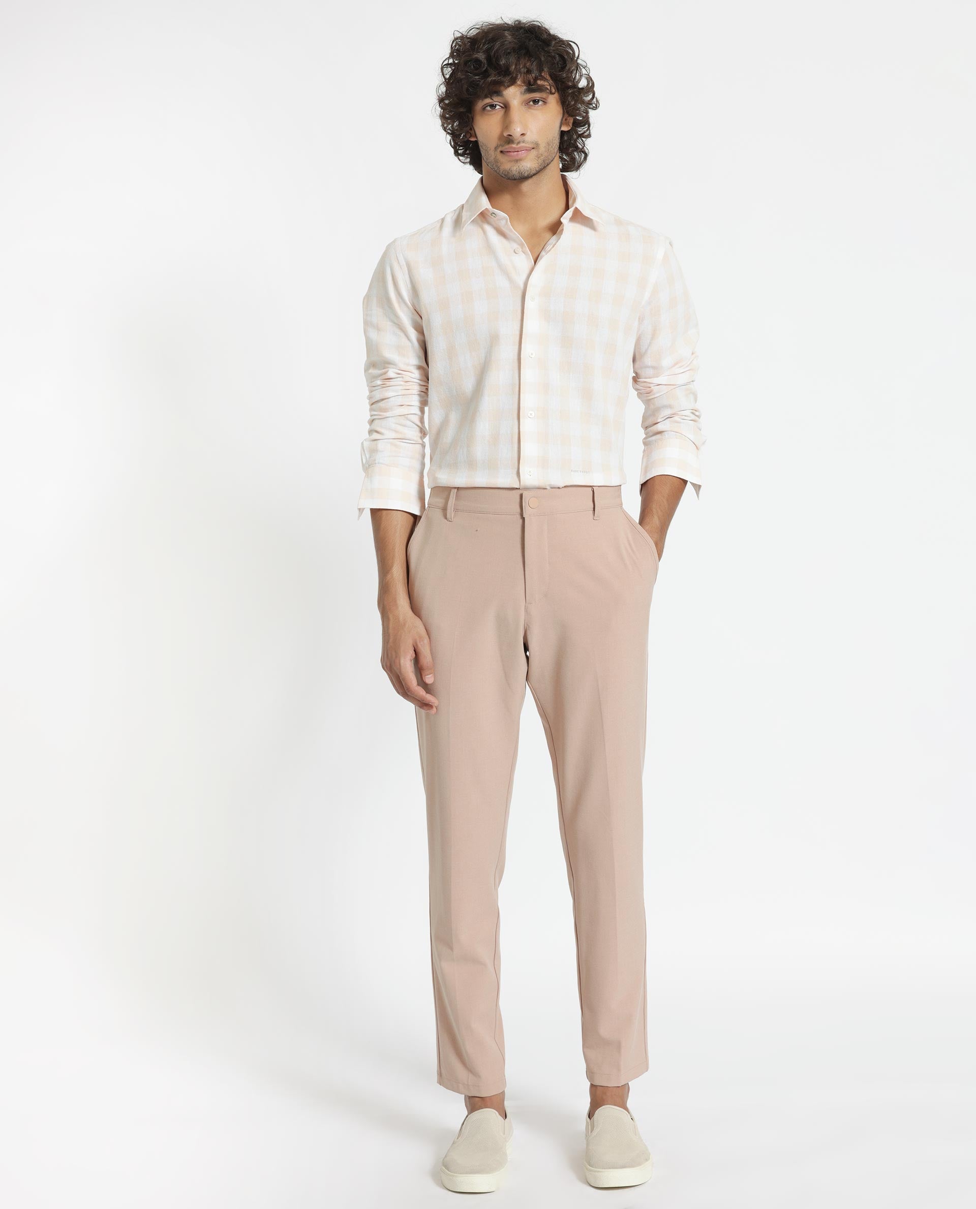 Rare Rabbit Men's Cutro Light Orange Cotton Fabric Full Sleeves Checks Shirt