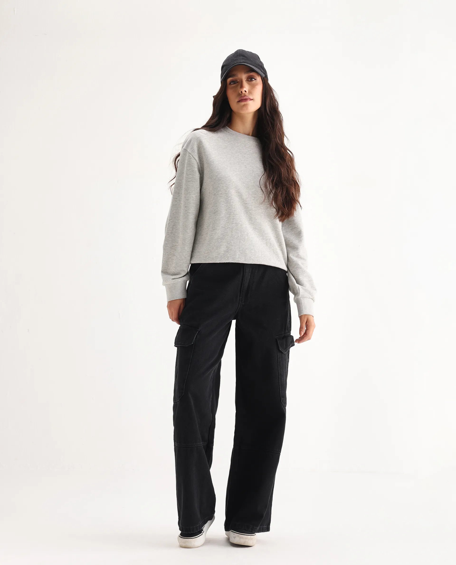 Rareism Women's Cyar Black Cotton Blend Plain Ankle Length Cargo Jeans