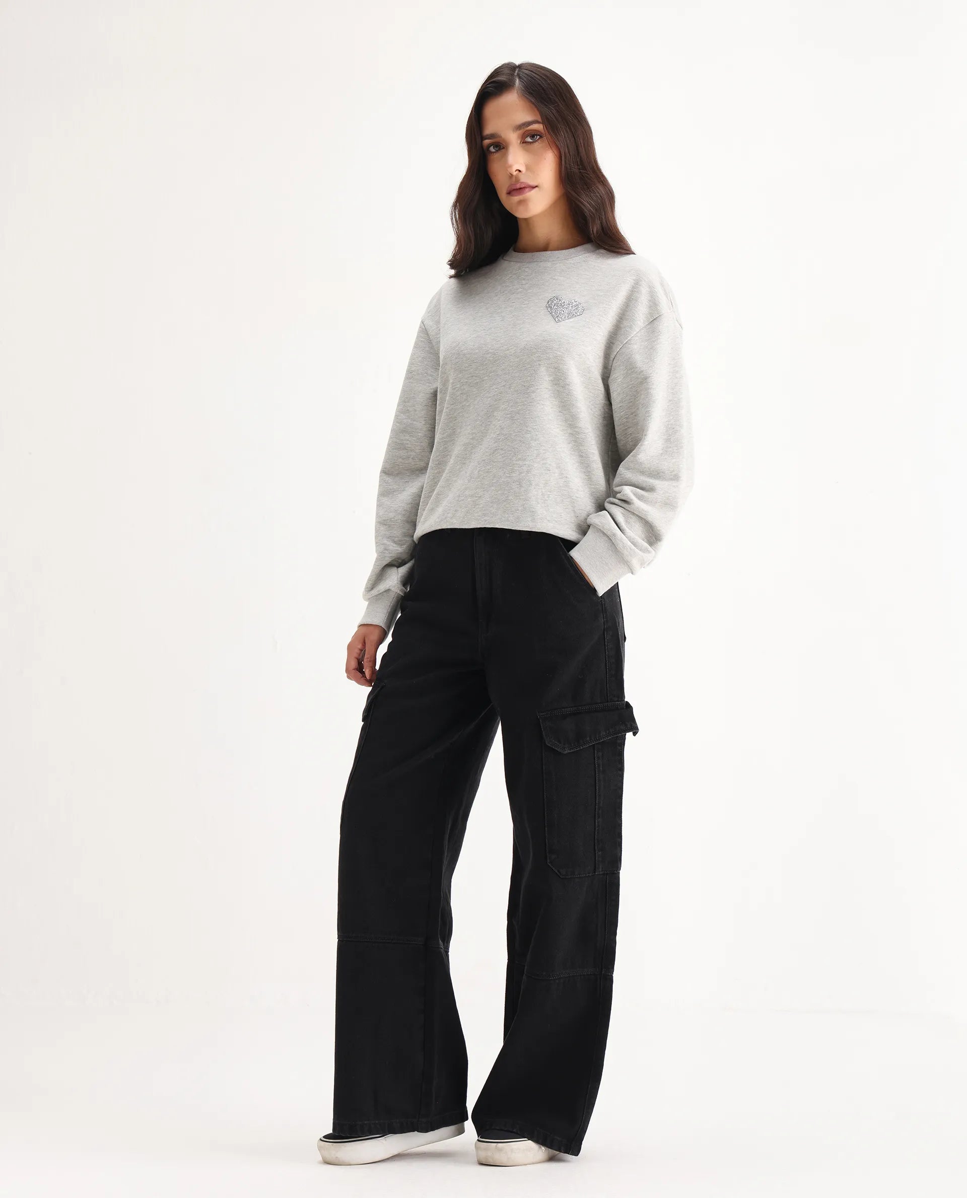 Rareism Women's Cyar Black Cotton Blend Plain Ankle Length Cargo Jeans