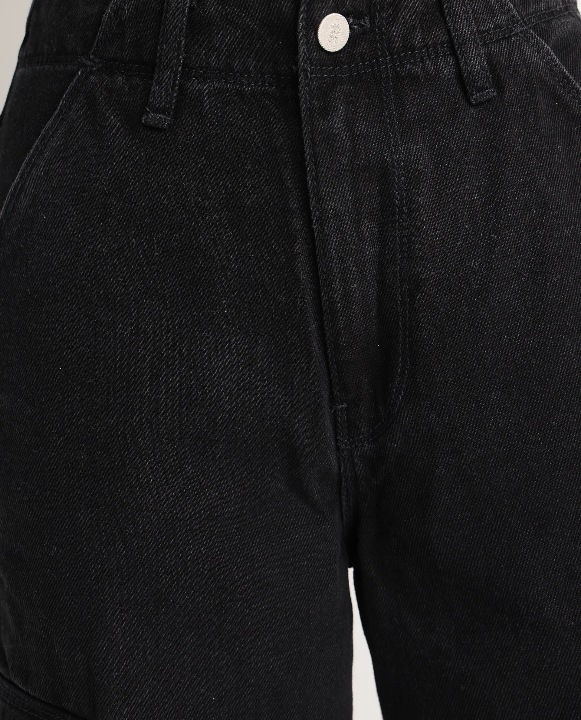 Rareism Women's Cyar Black Cotton Blend Plain Ankle Length Cargo Jeans