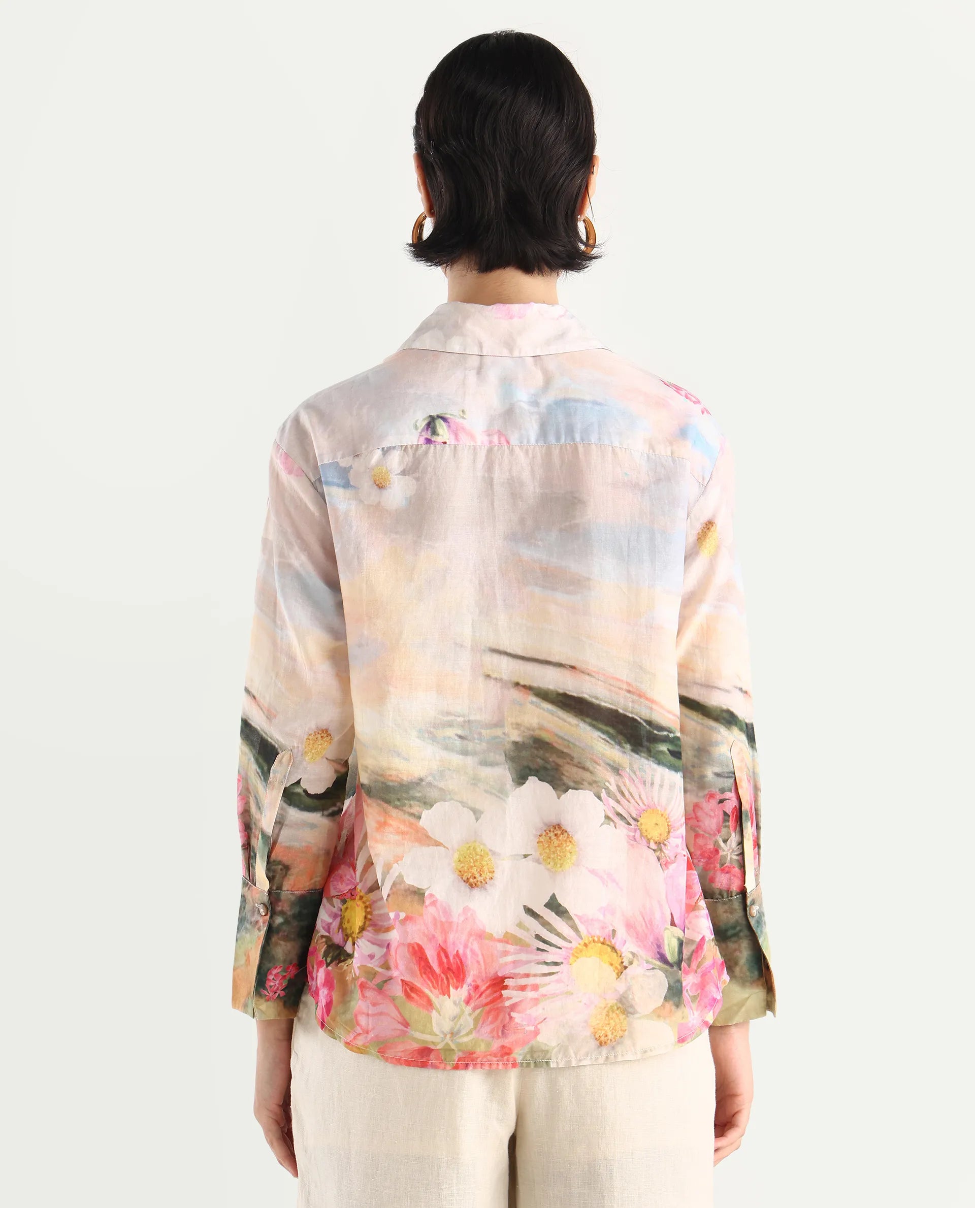 Rareism Women's Cyno Multi Cotton Drop Collar Floral Print Cuffed Sleeve Regular Fit Top