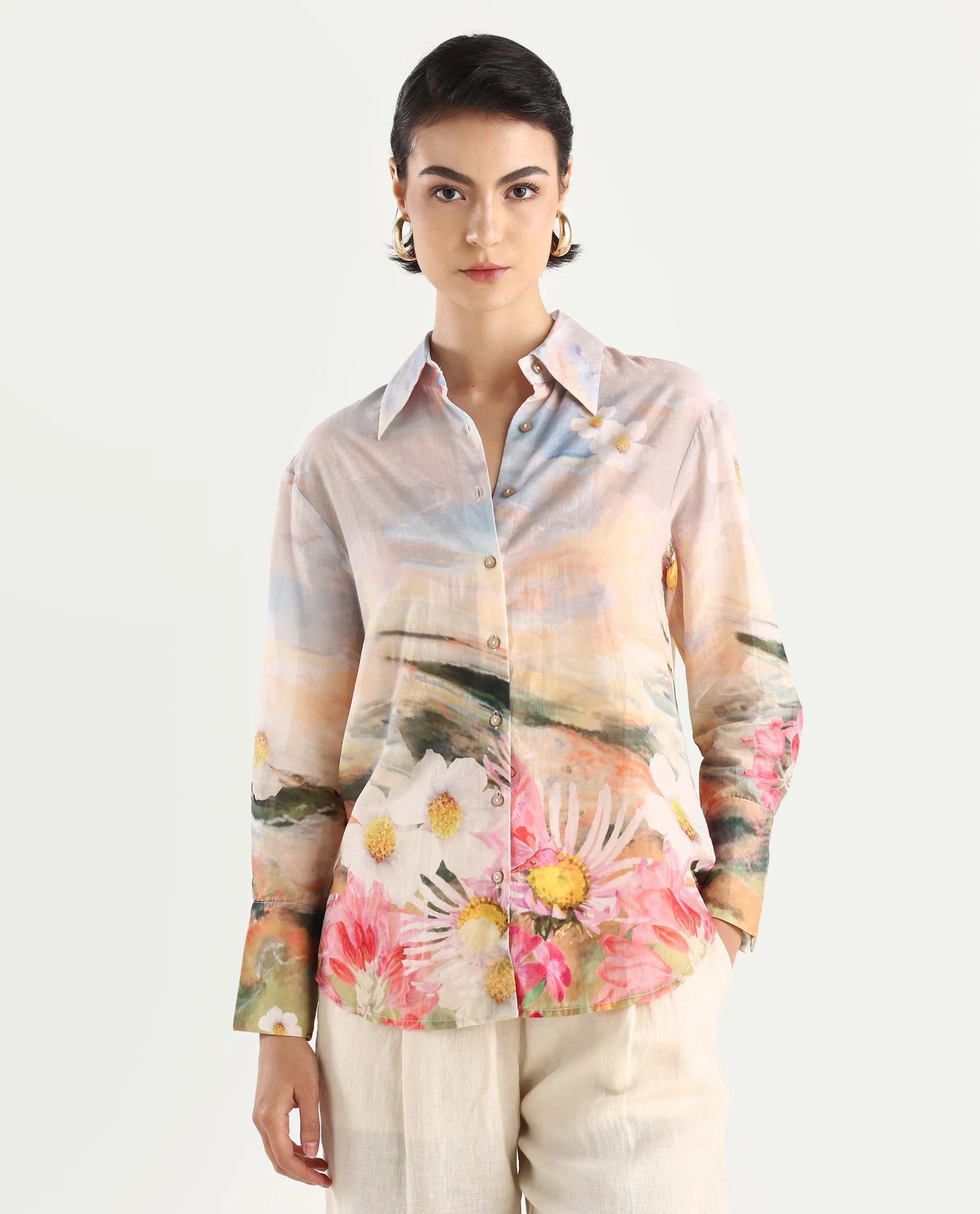 Rareism Women's Cyno Multi Cotton Drop Collar Floral Print Cuffed Sleeve Regular Fit Top