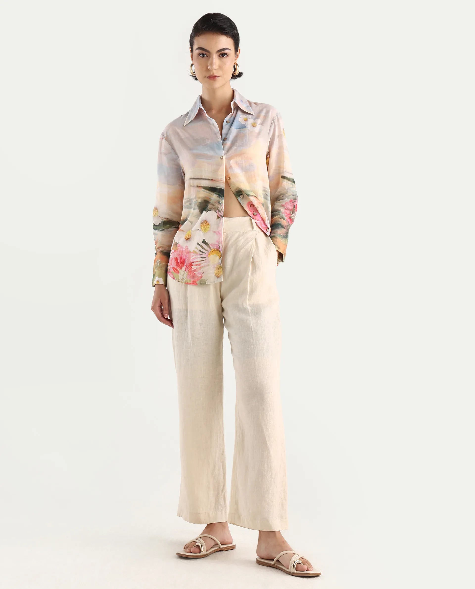 Rareism Women's Cyno Multi Cotton Drop Collar Floral Print Cuffed Sleeve Regular Fit Top