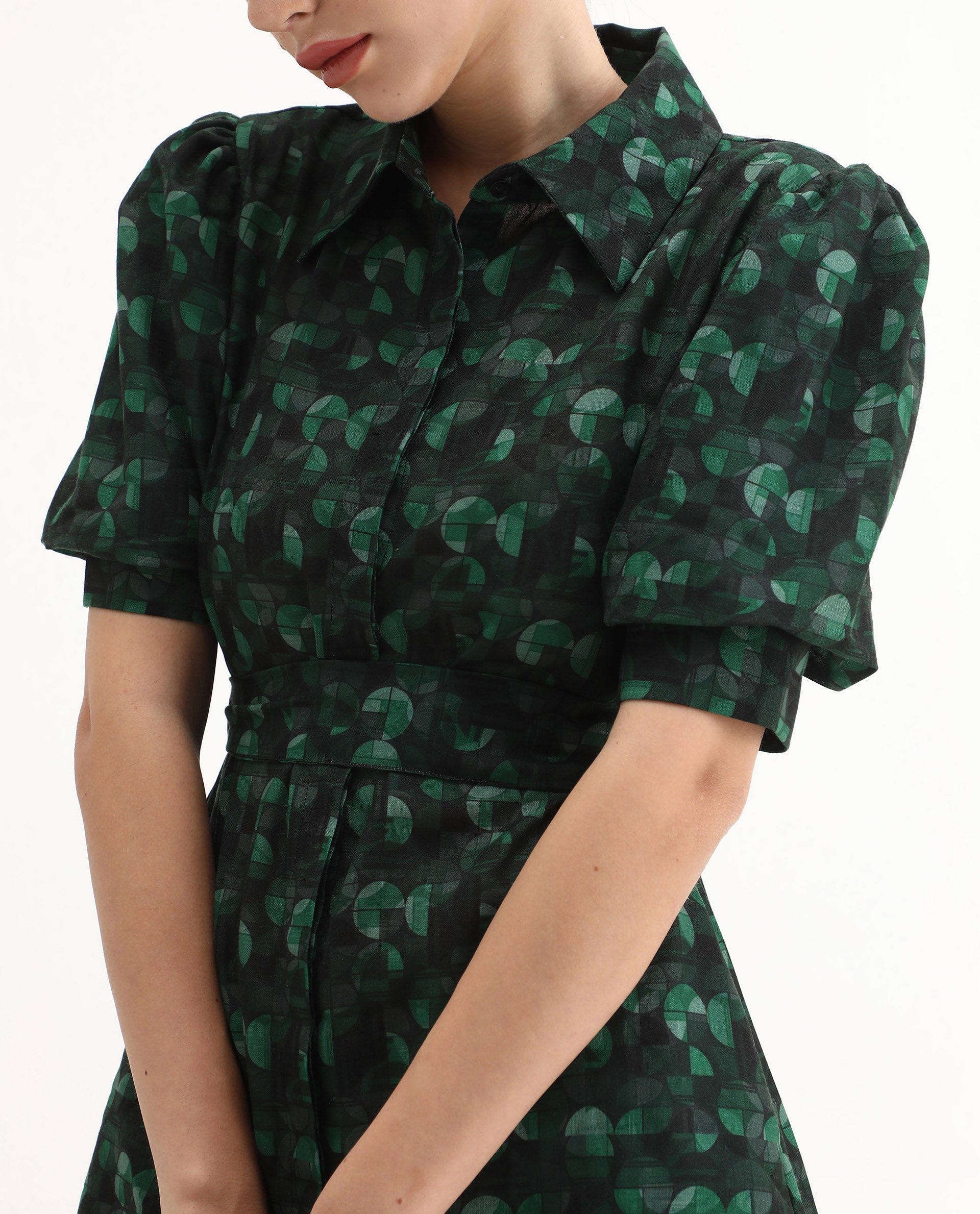 Rareism Women's Cynthia Dark Green Linen Drop Collar Abstract Print Puff Sleeves Mini Straight Fit Dress