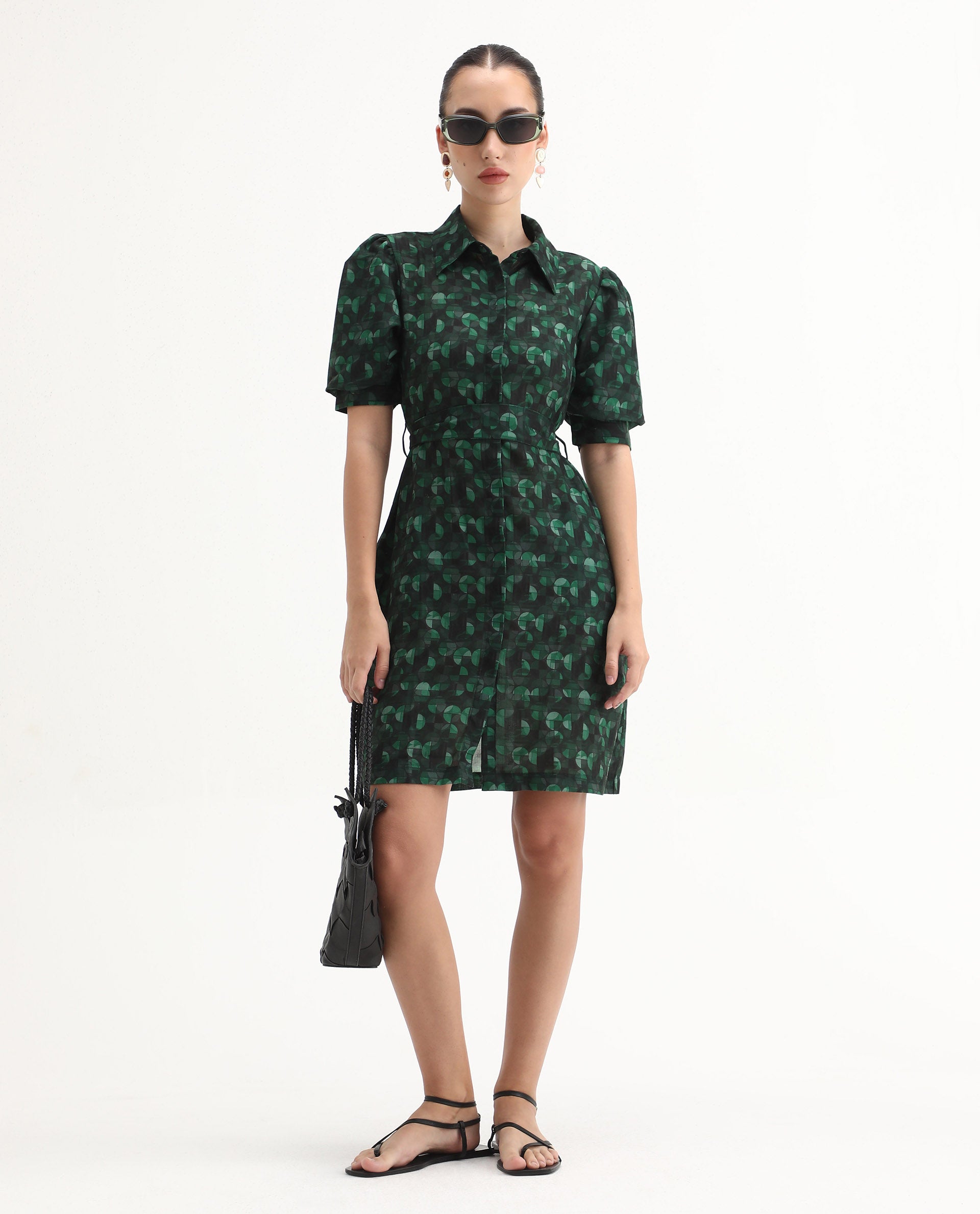 Rareism Women's Cynthia Dark Green Linen Drop Collar Abstract Print Puff Sleeves Mini Straight Fit Dress
