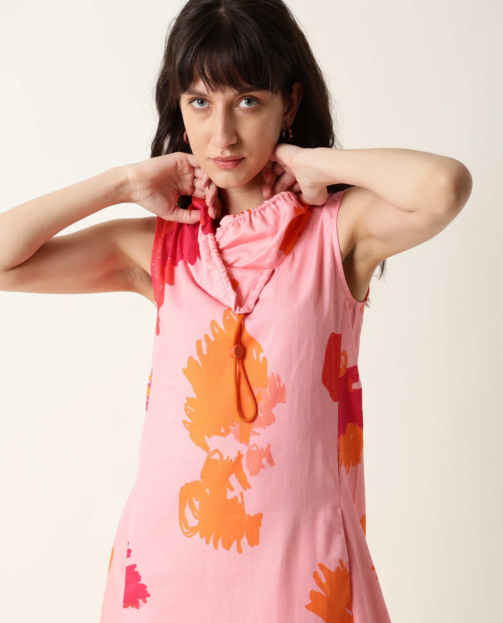 Rareism Womens Cyrus Pink Dress Cotton Fabric Regular Fit Sleeveless Round Neck