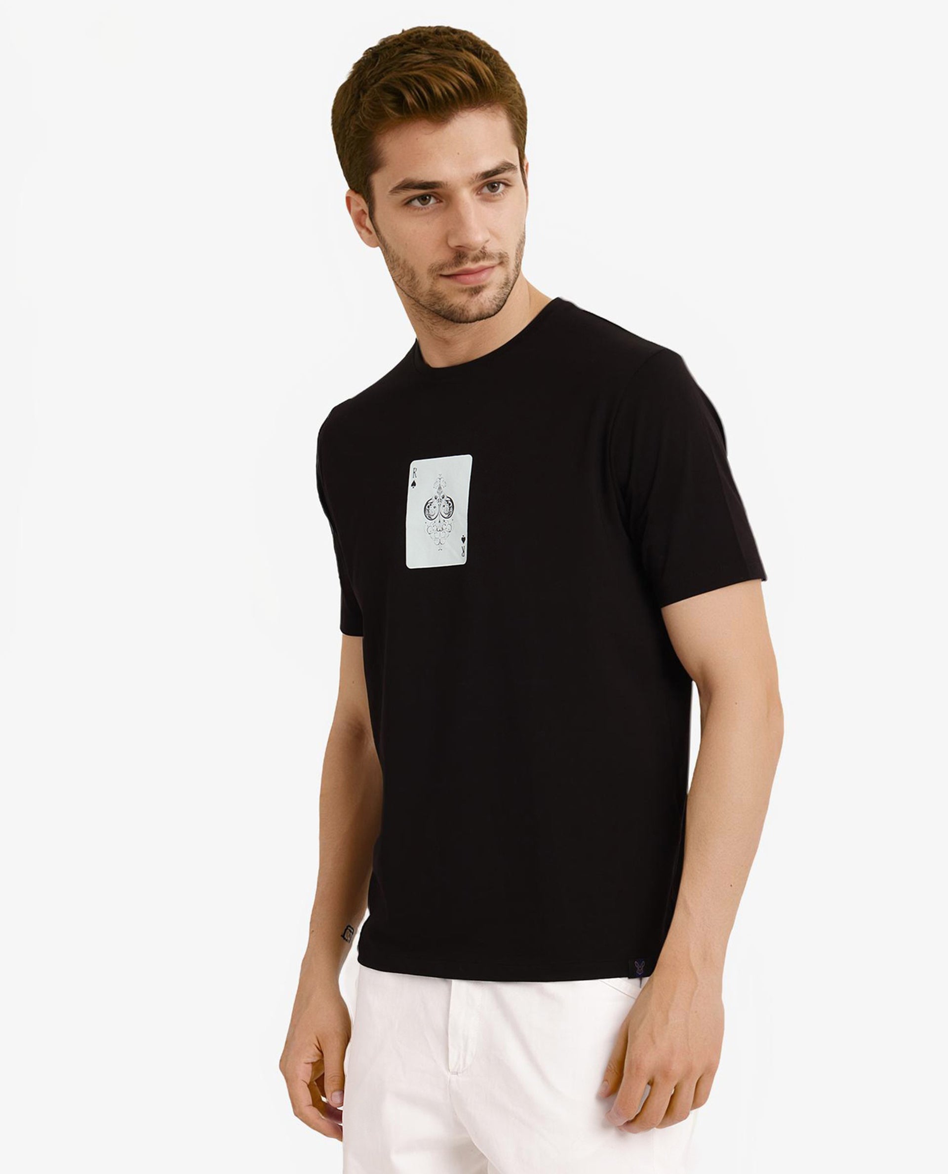 Rare Rabbit Men Caf Black Cotton Lycra Fabric Short Sleeve Crew Neck Regular Fit Graphic Print T-Shirt