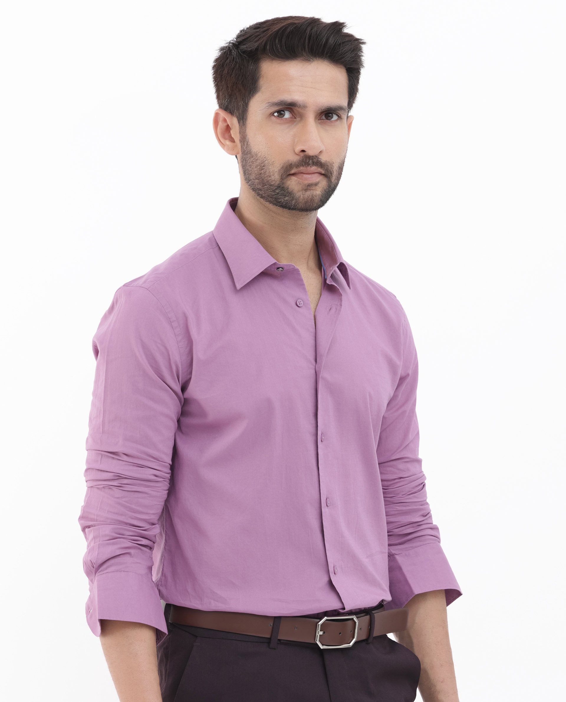 Rare Rabbit Men's Cambo Dusky Purple Cambric Fabric Full Sleeves Solid Shirt