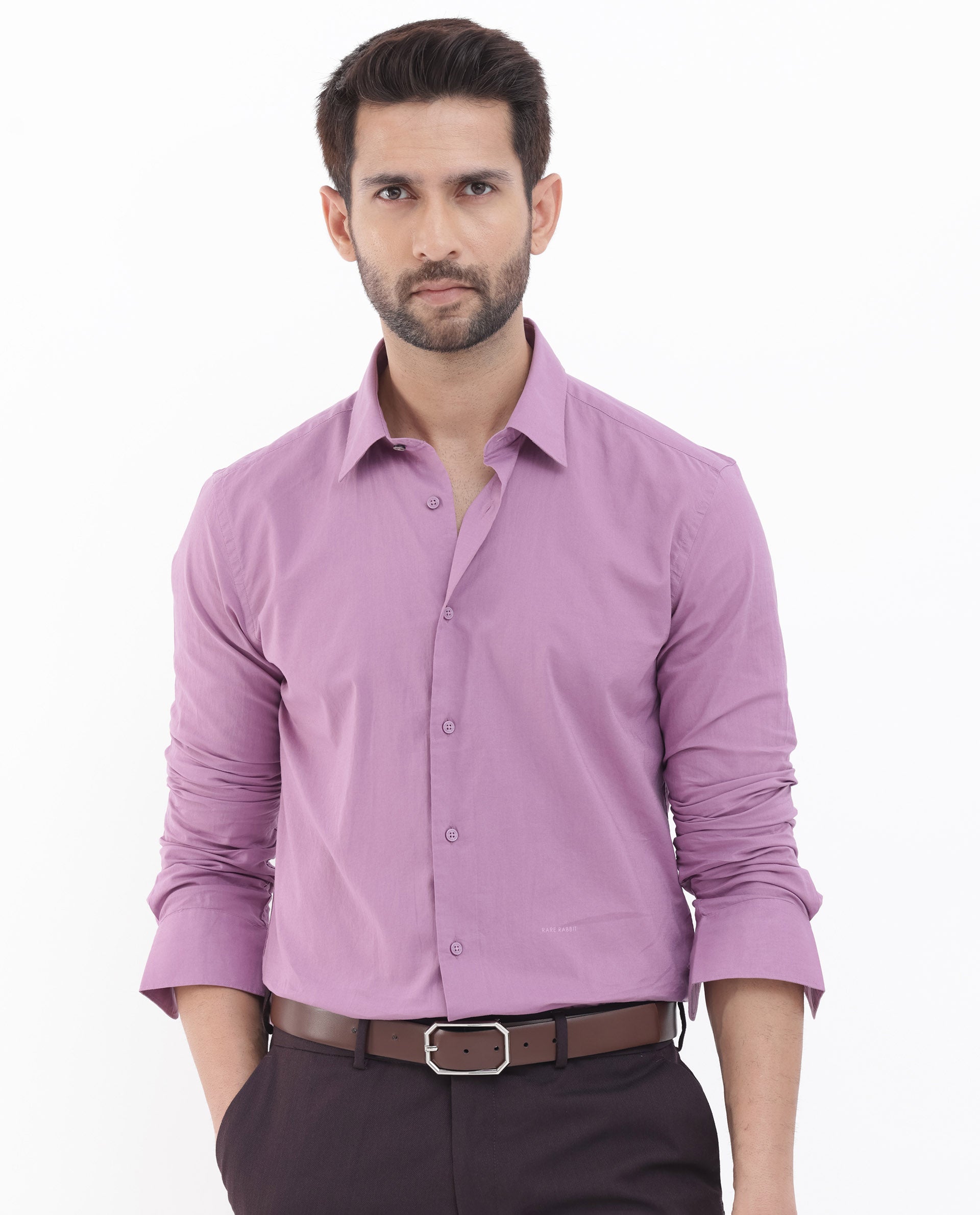 Rare Rabbit Men's Cambo Dusky Purple Cambric Fabric Full Sleeves Solid Shirt