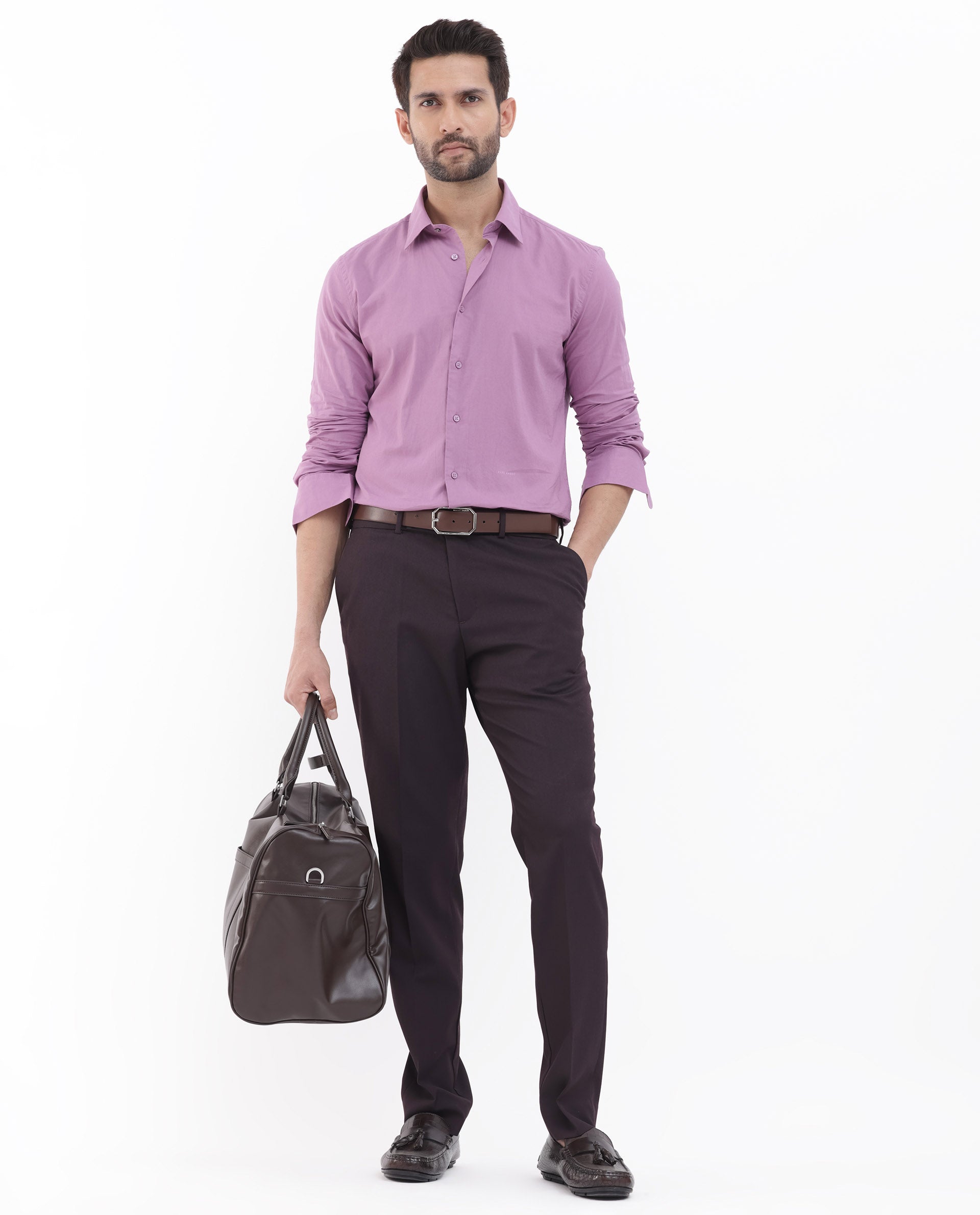 Rare Rabbit Men's Cambo Dusky Purple Cambric Fabric Full Sleeves Solid Shirt