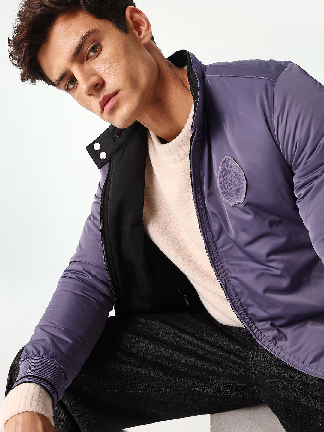 Rare Rabbit Men's Royban-2 Black Polyester Plain Regular Fit Full Sleeve High Neck Jacket