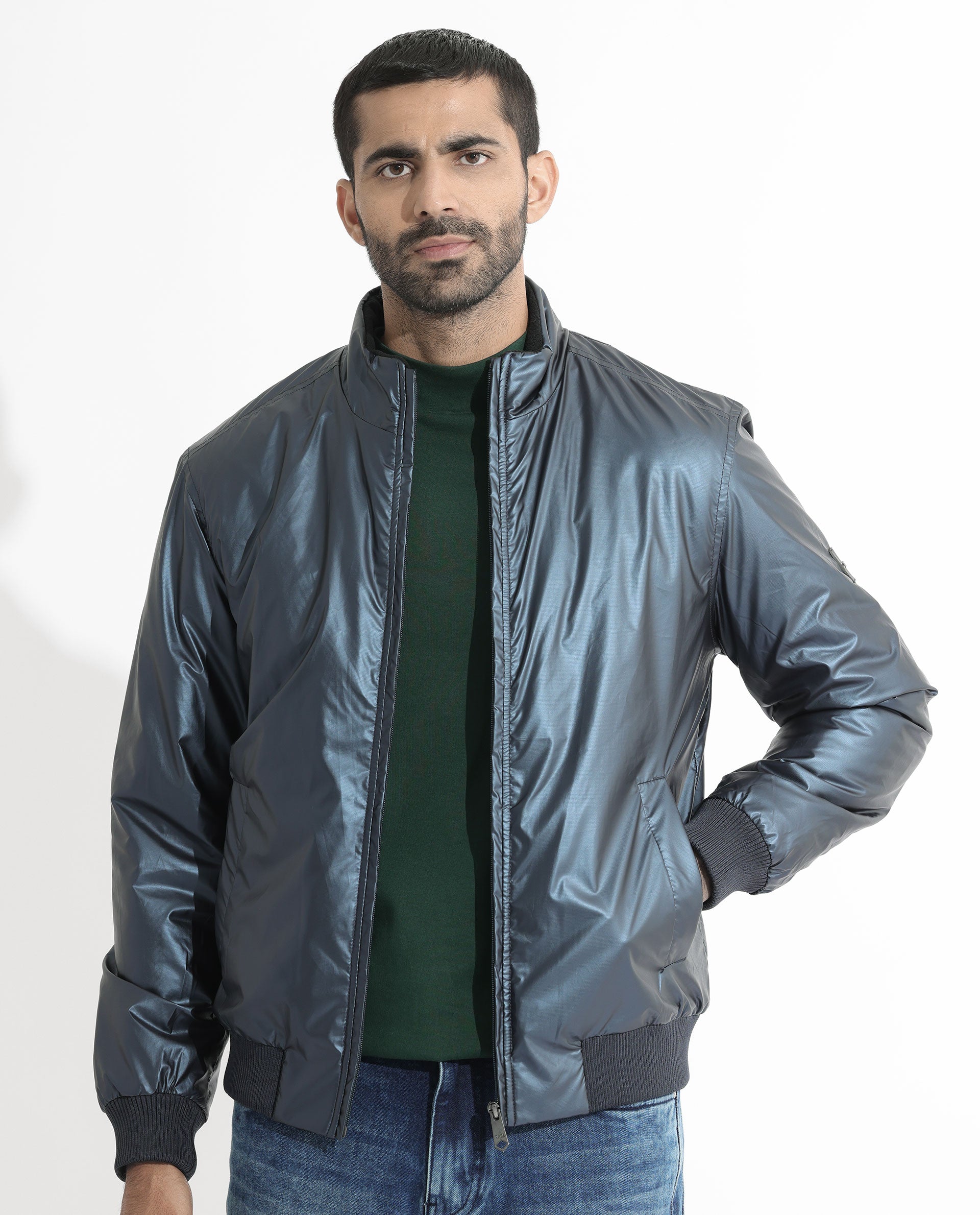 Rare Rabbit Mens Carpo Dark Petrol Jacket Polyester Fabric High Neck Woven Full Sleeves Button And Zip Closure Comfortable Fit