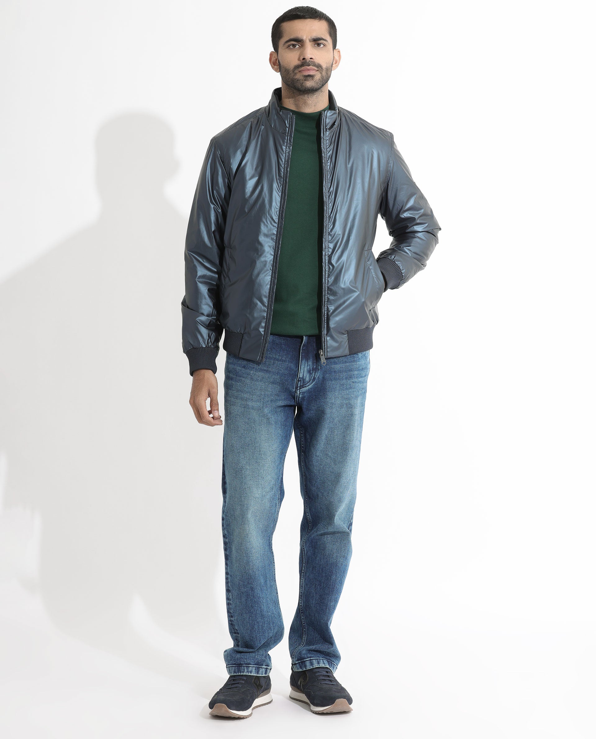 Rare Rabbit Mens Carpo Dark Petrol Jacket Polyester Fabric High Neck Woven Full Sleeves Button And Zip Closure Comfortable Fit