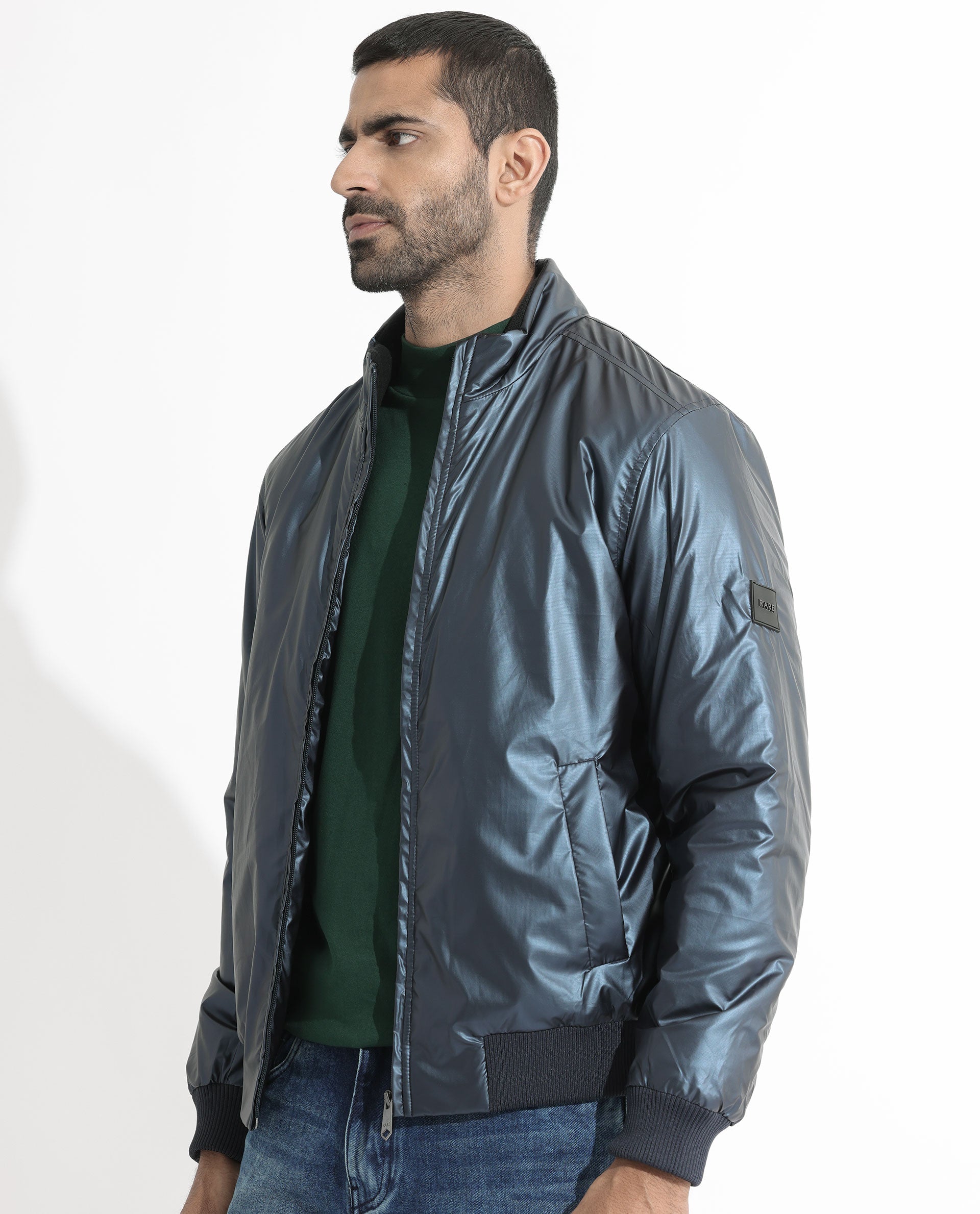 Rare Rabbit Mens Carpo Dark Petrol Jacket Polyester Fabric High Neck Woven Full Sleeves Button And Zip Closure Comfortable Fit