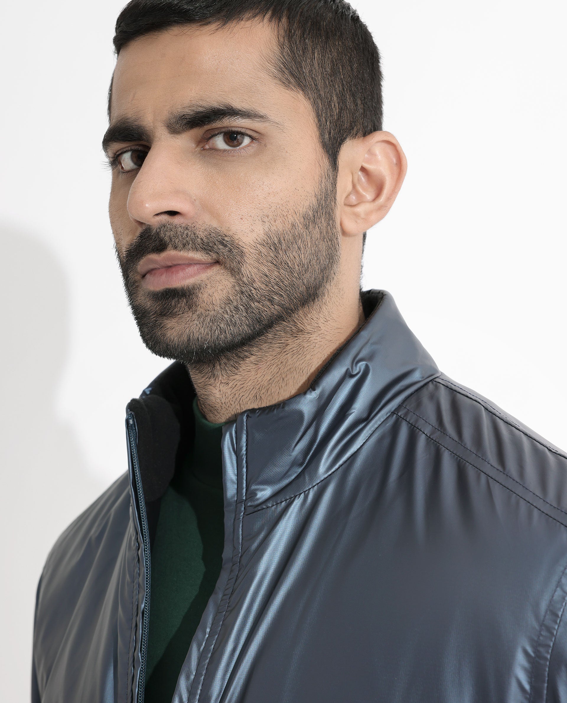 Rare Rabbit Mens Carpo Dark Petrol Jacket Polyester Fabric High Neck Woven Full Sleeves Button And Zip Closure Comfortable Fit