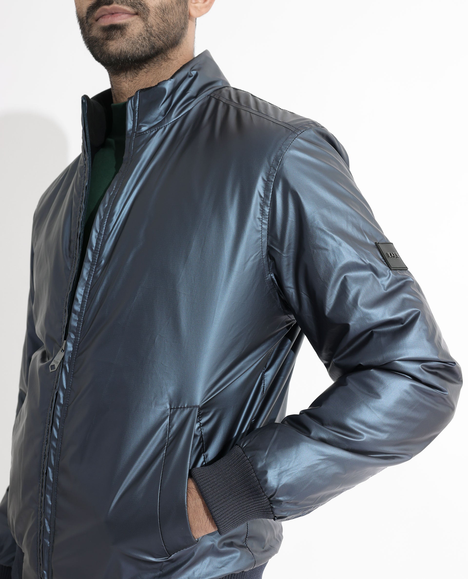 Rare Rabbit Mens Carpo Dark Petrol Jacket Polyester Fabric High Neck Woven Full Sleeves Button And Zip Closure Comfortable Fit