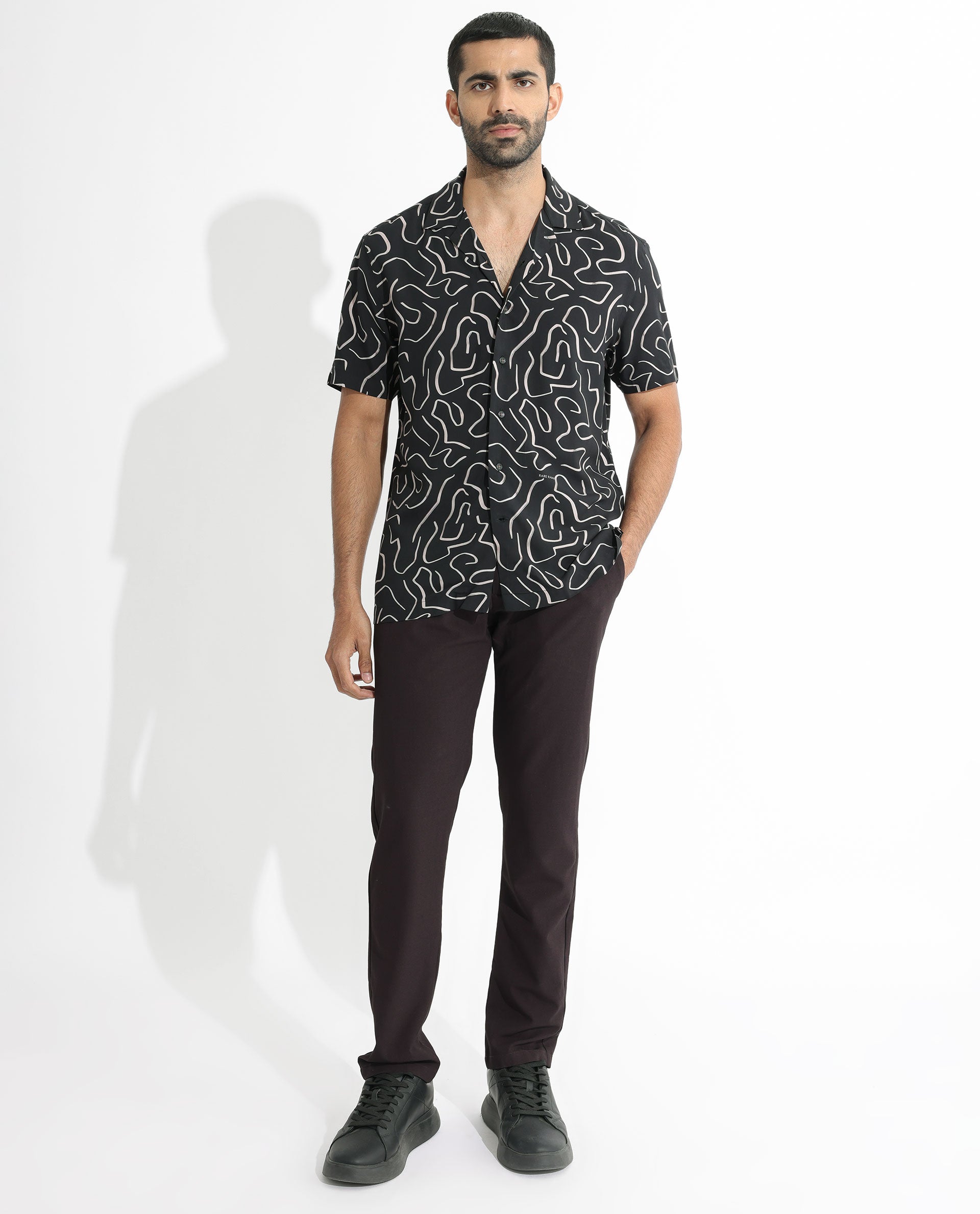 Rare Rabbit Men's Castro Black Viscose fabric Cuban Collar Abstract Print Half Sleeves Shirt