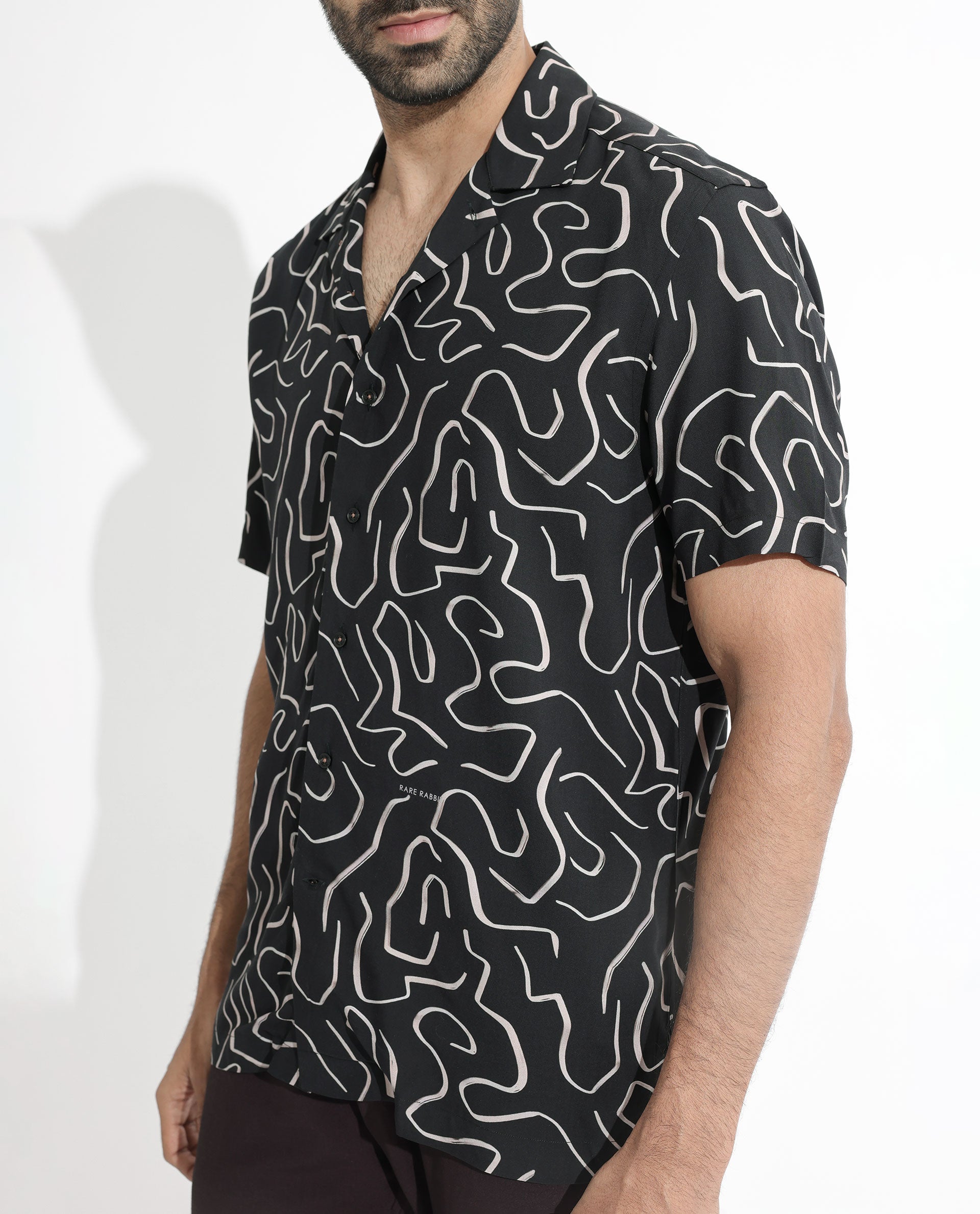 Rare Rabbit Men's Castro Black Viscose fabric Cuban Collar Abstract Print Half Sleeves Shirt