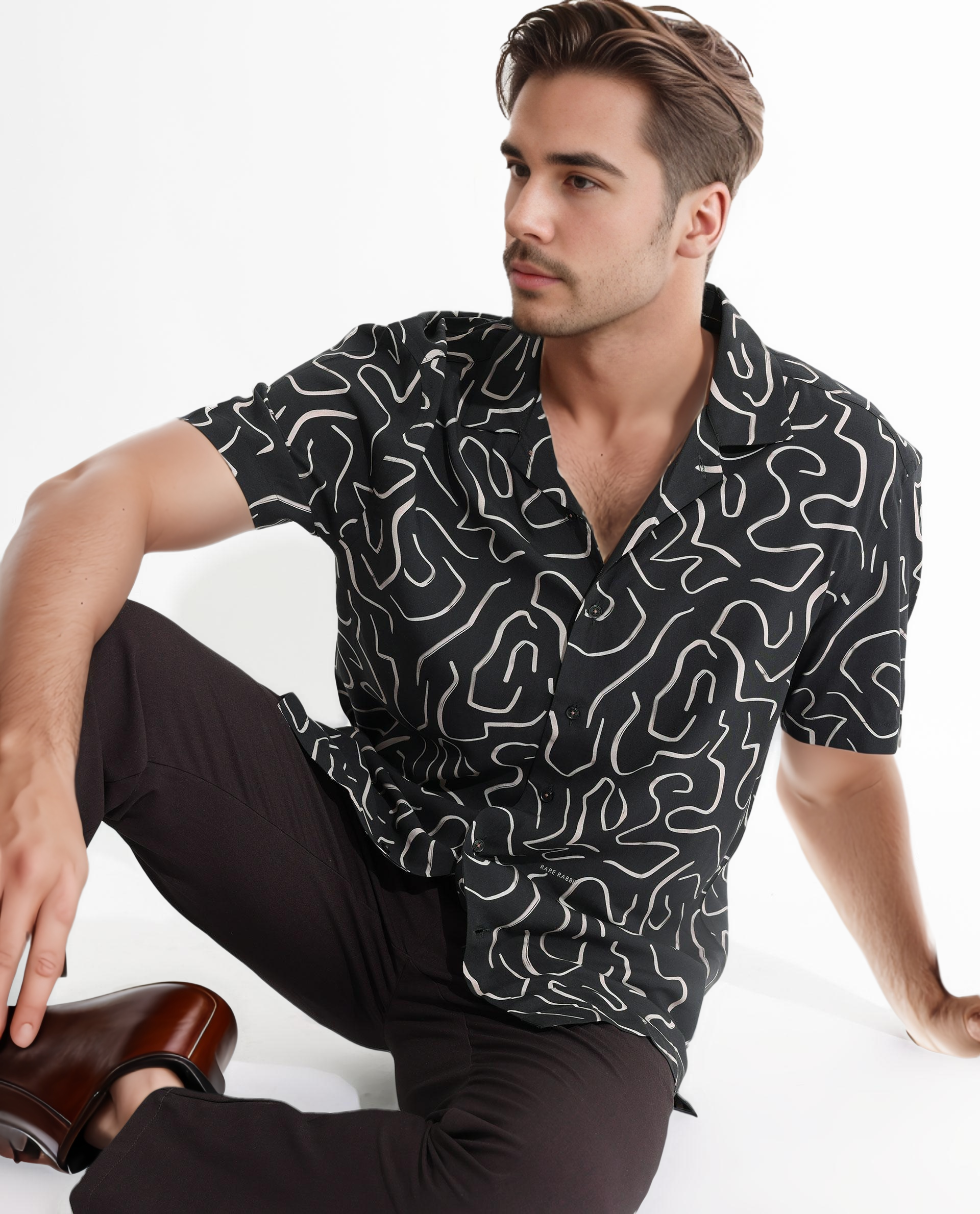 Rare Rabbit Men's Castro Black Viscose fabric Cuban Collar Abstract Print Half Sleeves Shirt