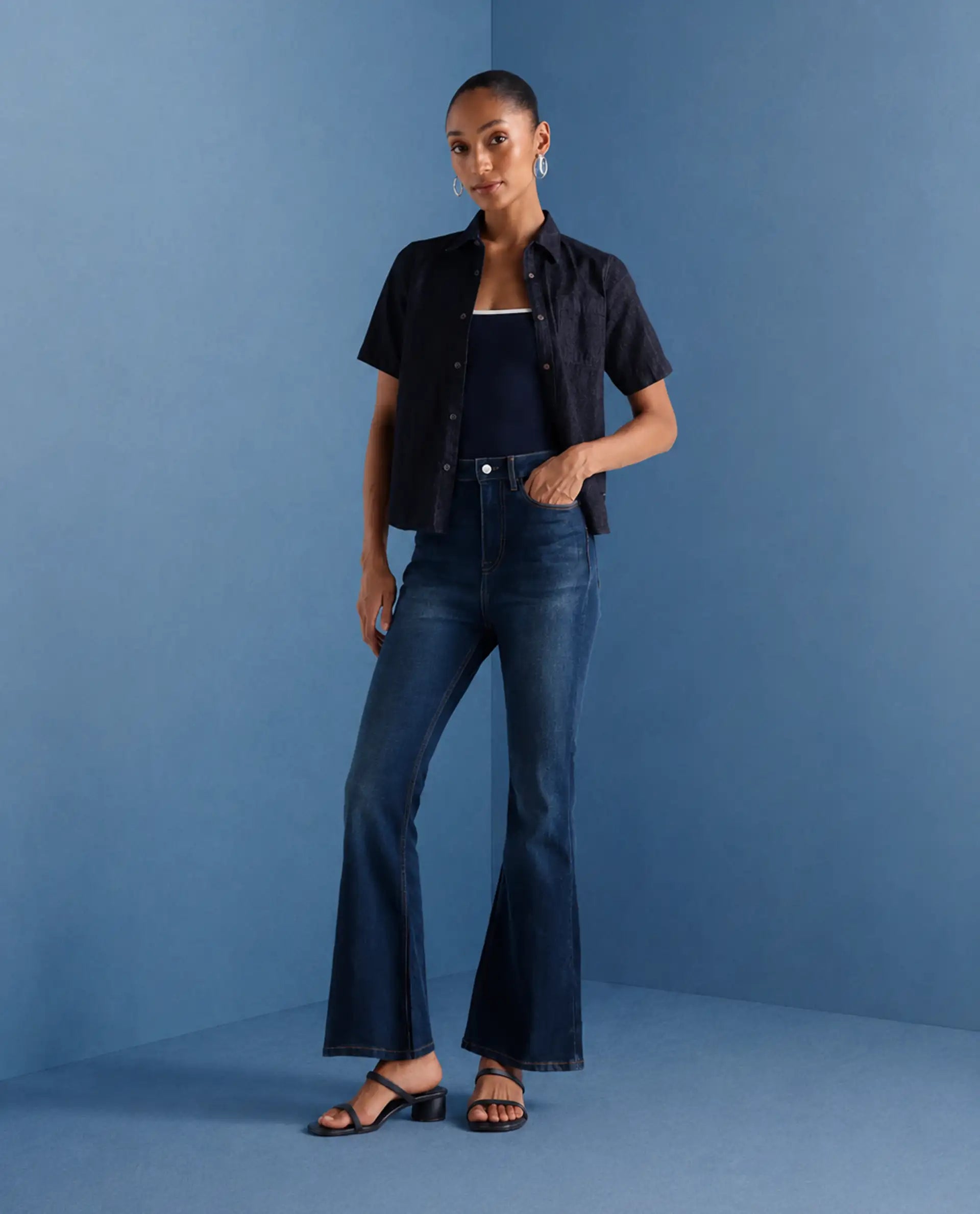 Rareism Women's Benod Dark Blue Cotton Blend Bootcut Plain Jeans