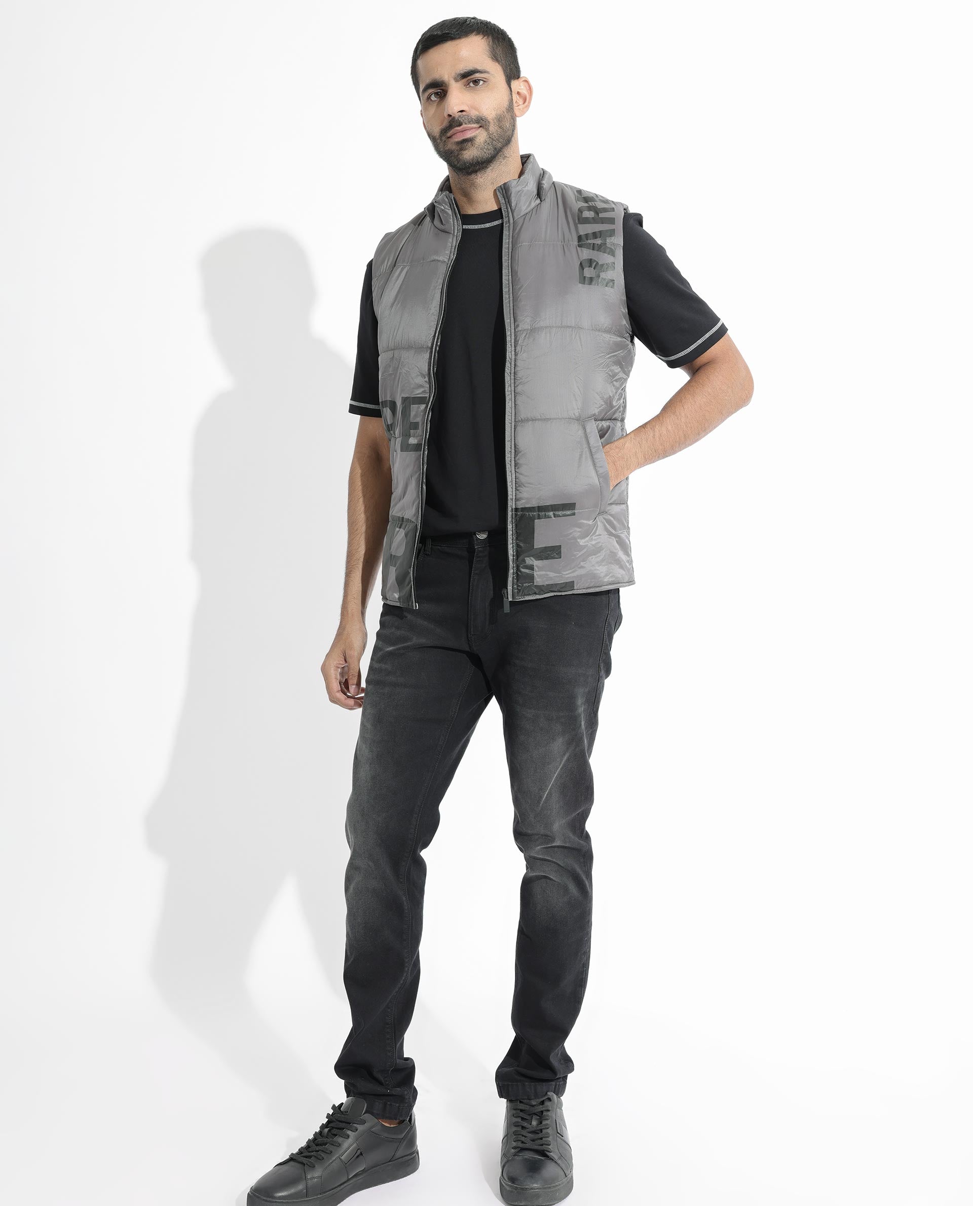 Rare Rabbit Men's Clovex Dark Grey Branded Sleeveless Detachable Hood Puffer Jacket