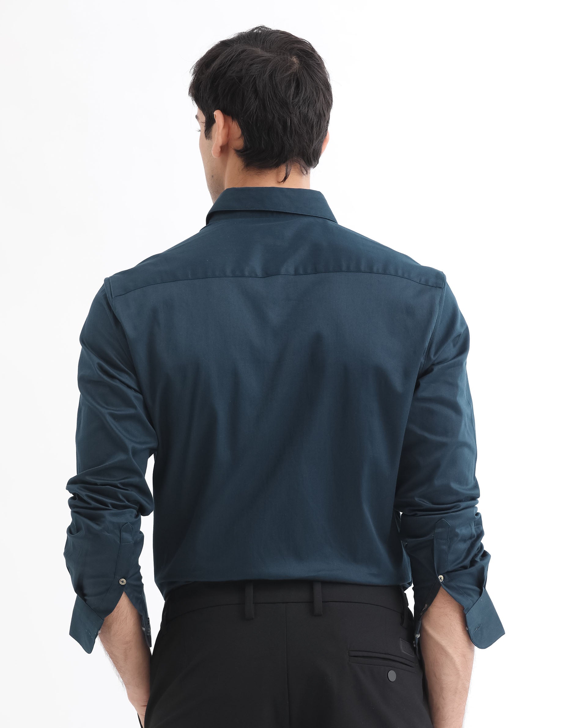 Rare Rabbit Men's Como Light Petrol Satin Fabric Button Down Collar Full Sleeves Solid Formal Shirt