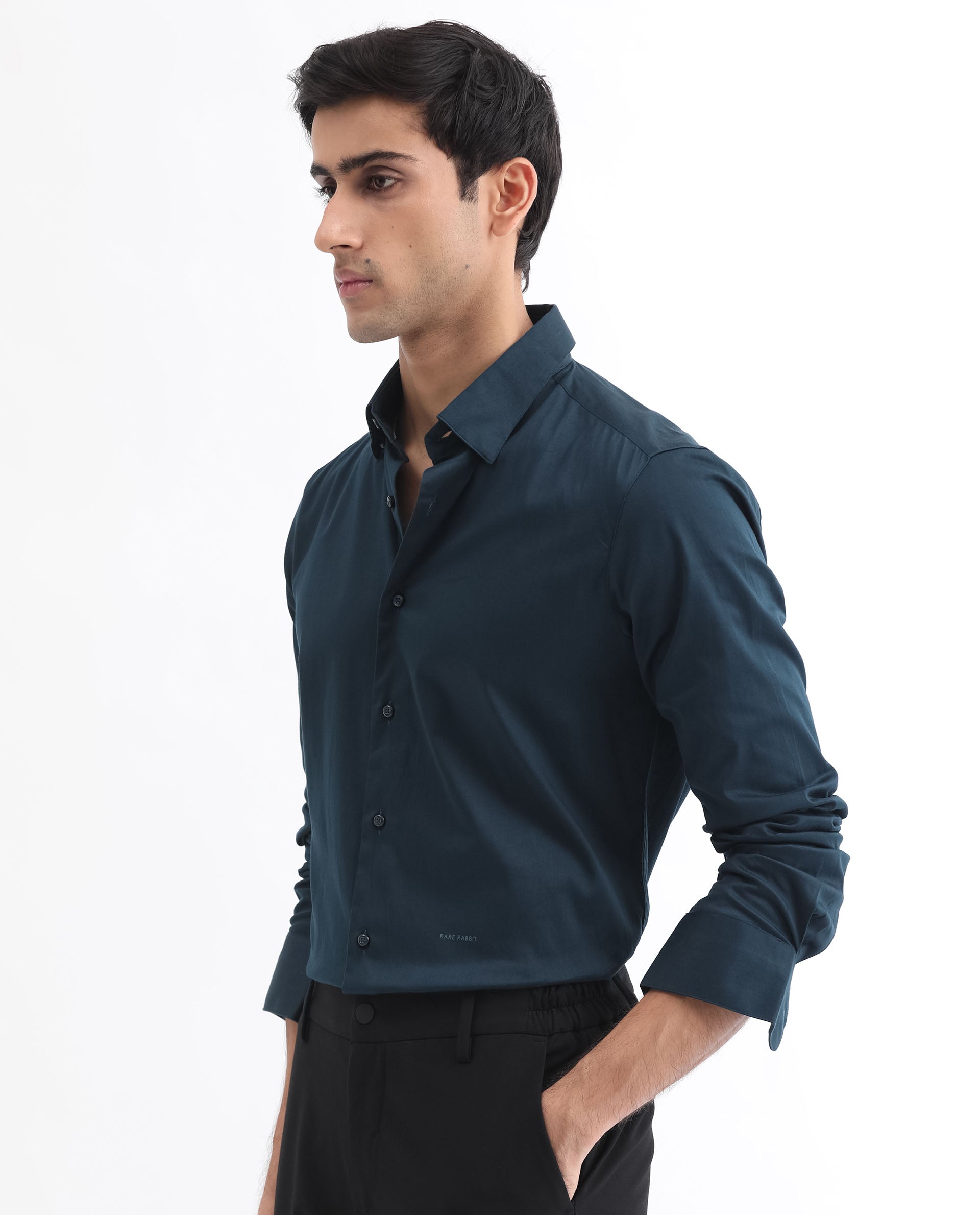 Rare Rabbit Men's Como Light Petrol Satin Fabric Button Down Collar Full Sleeves Solid Formal Shirt