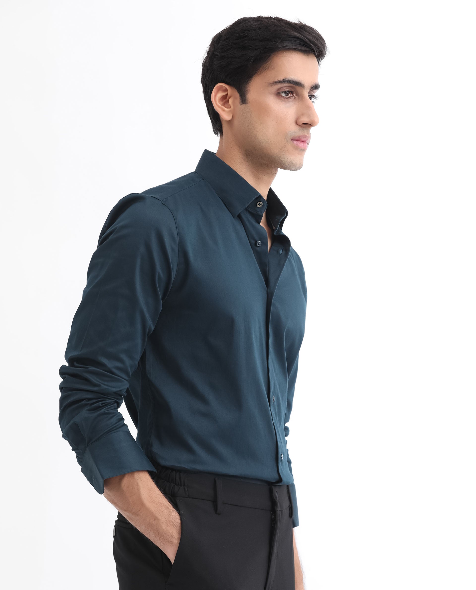 Rare Rabbit Men's Como Light Petrol Satin Fabric Button Down Collar Full Sleeves Solid Formal Shirt