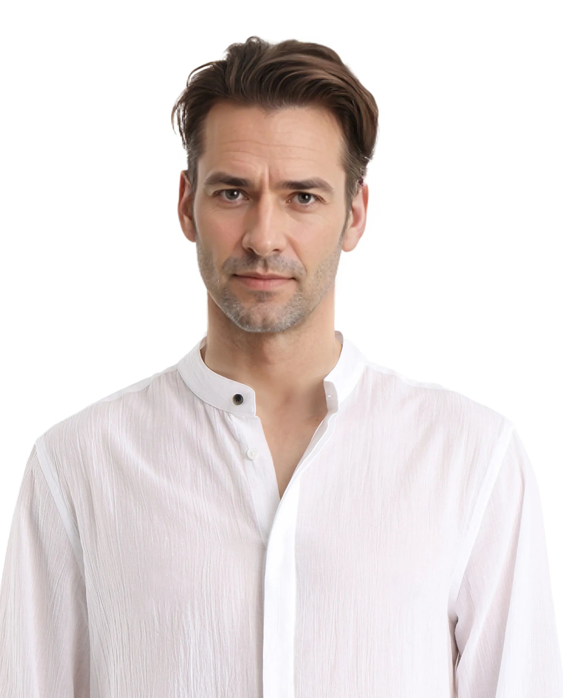 Rare Rabbit Men Crinkle-25 White Cotton Fabric Mandarin Collar Full Sleeves Solid Crinkle Effect Solid Shirt