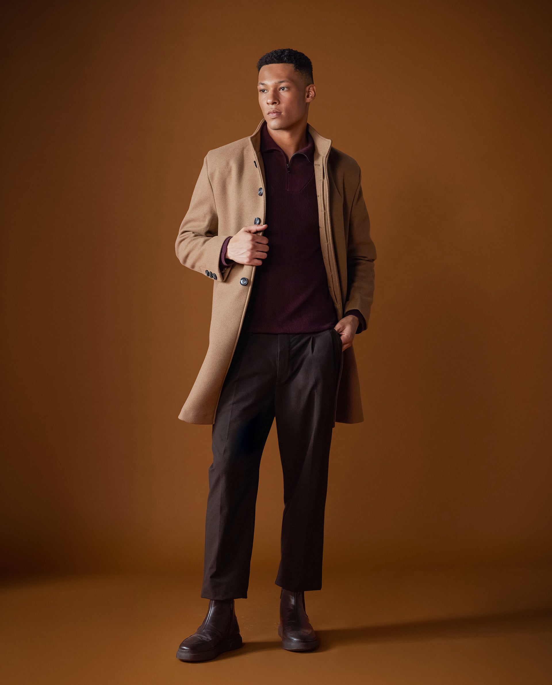 Rare Rabbit Men Dune-2 Mustard Polyester Rayon Fabric Full Sleeve Round Neck Button Closure Textured Long Coat