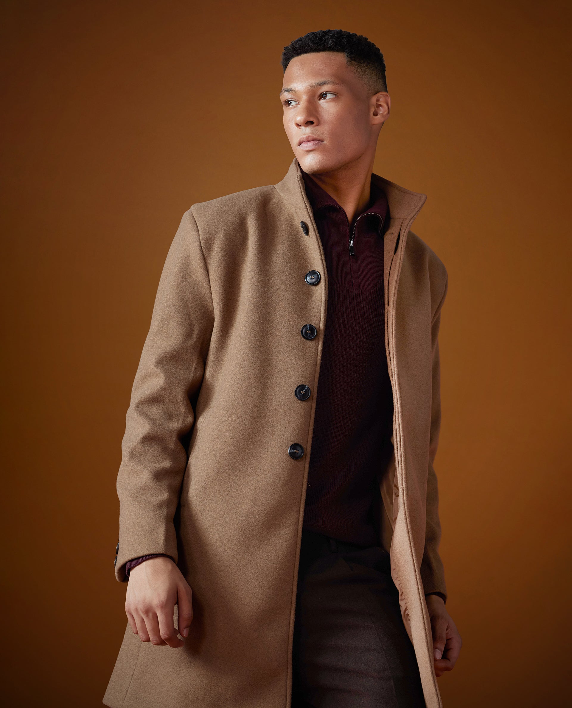 Rare Rabbit Men Dune-2 Mustard Polyester Rayon Fabric Full Sleeve Round Neck Button Closure Textured Long Coat