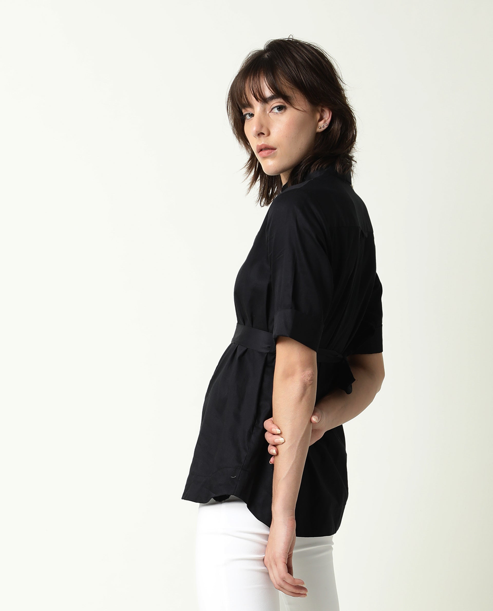 Rareism Womens Glitter Black Top Cotton Satin Fabric Regular Fit 3/4 Sleeve Collared Neck