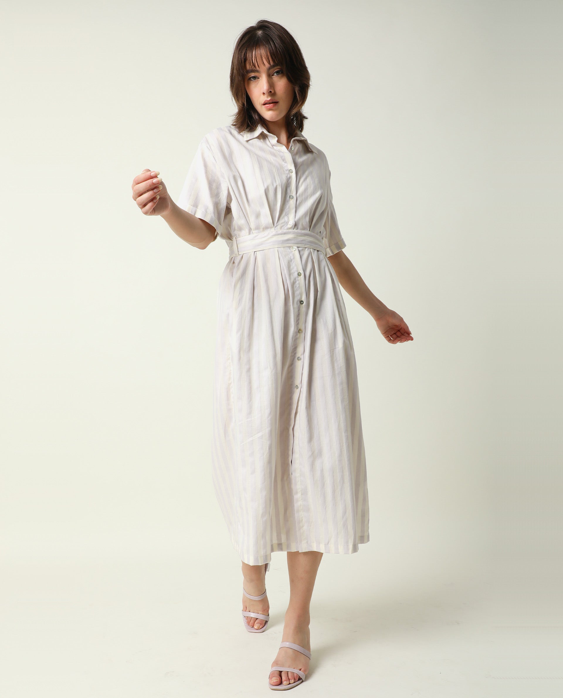 Rareism Women Paris Yellow Shirt Collar Half Sleeves Front Placket Button Closure With Fabric Waist Belt Midi Dress