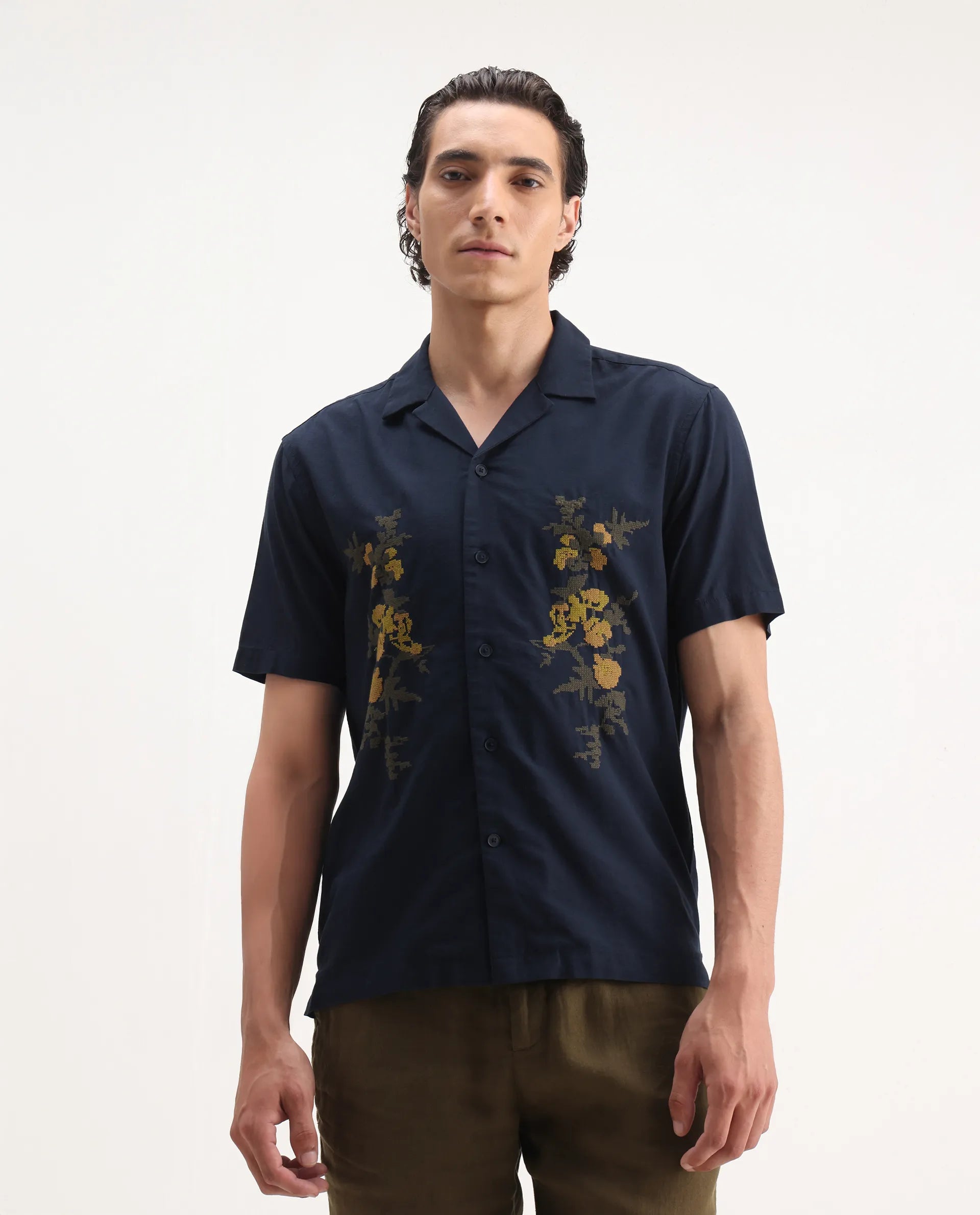 Rare Rabbit Men's Dabe Navy Linen Blend Embroidered Boxy Fit Half Sleeve Cuban Collar Shirt