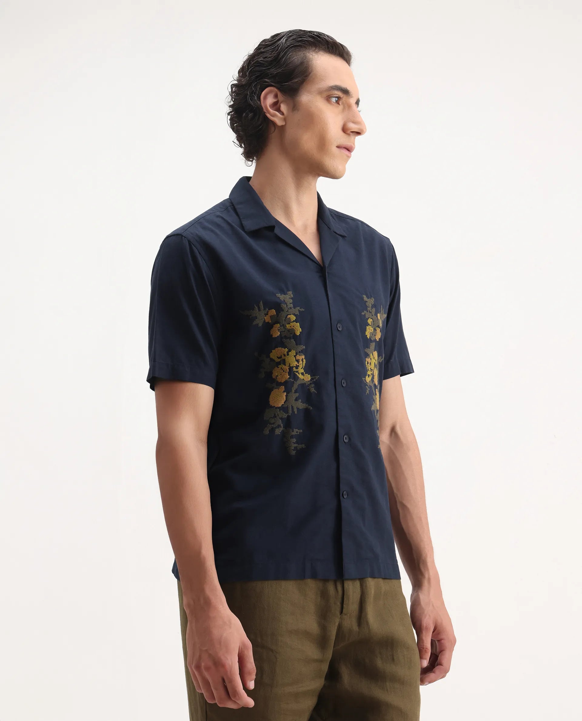 Rare Rabbit Men's Dabe Navy Linen Blend Embroidered Boxy Fit Half Sleeve Cuban Collar Shirt