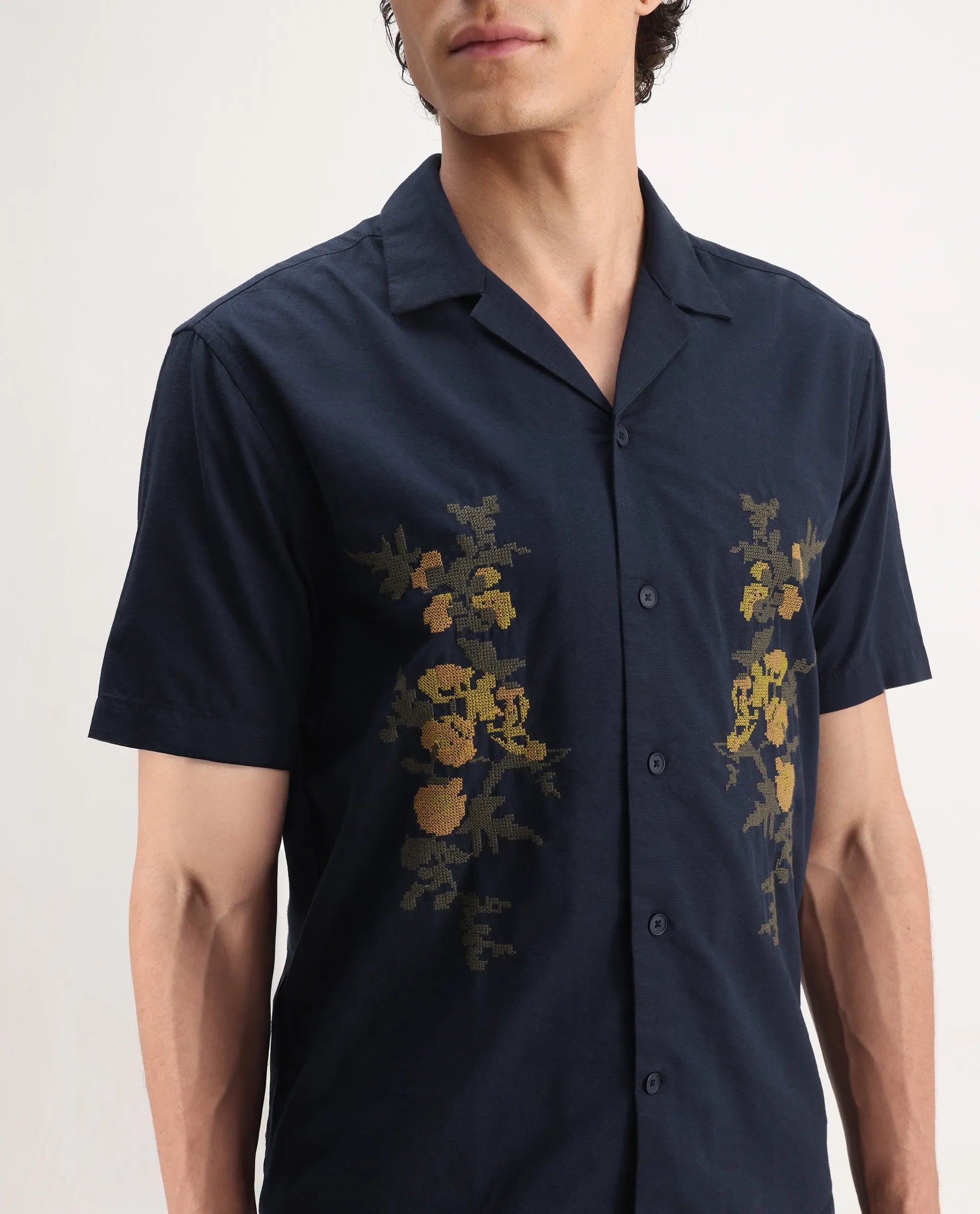 Rare Rabbit Men's Dabe Navy Linen Blend Embroidered Boxy Fit Half Sleeve Cuban Collar Shirt